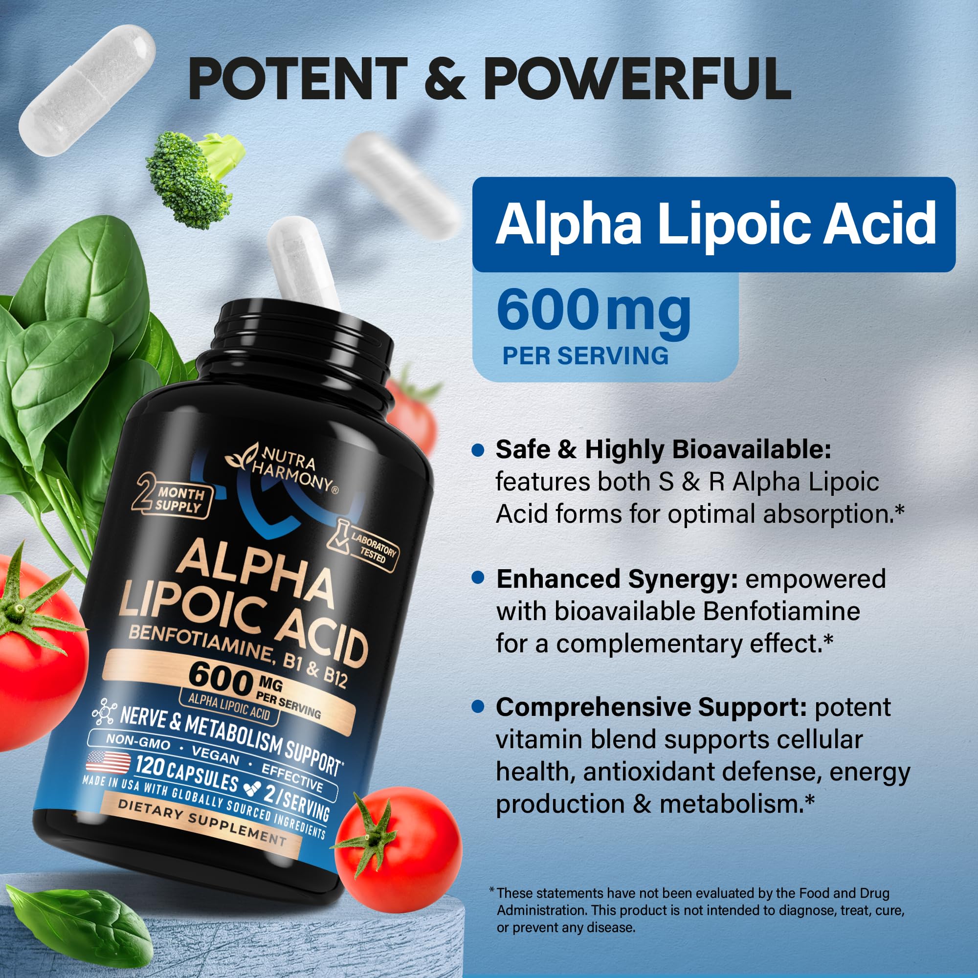 NUTRAHARMONY Alpha Lipoic Acid 600mg supplement capsules close-up