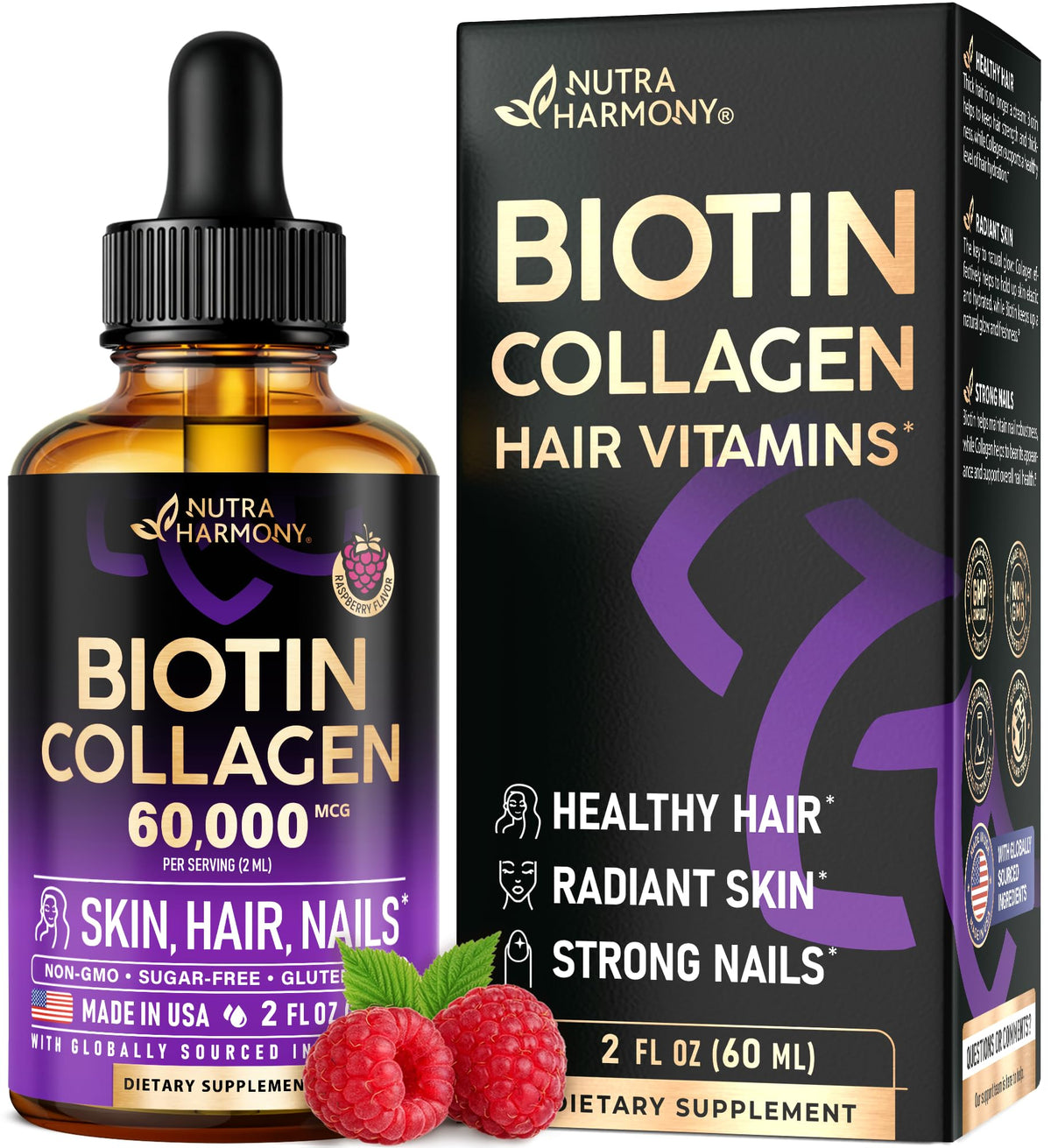 NUTRAHARMONY Biotin & Collagen Drops 20,000 mcg front view