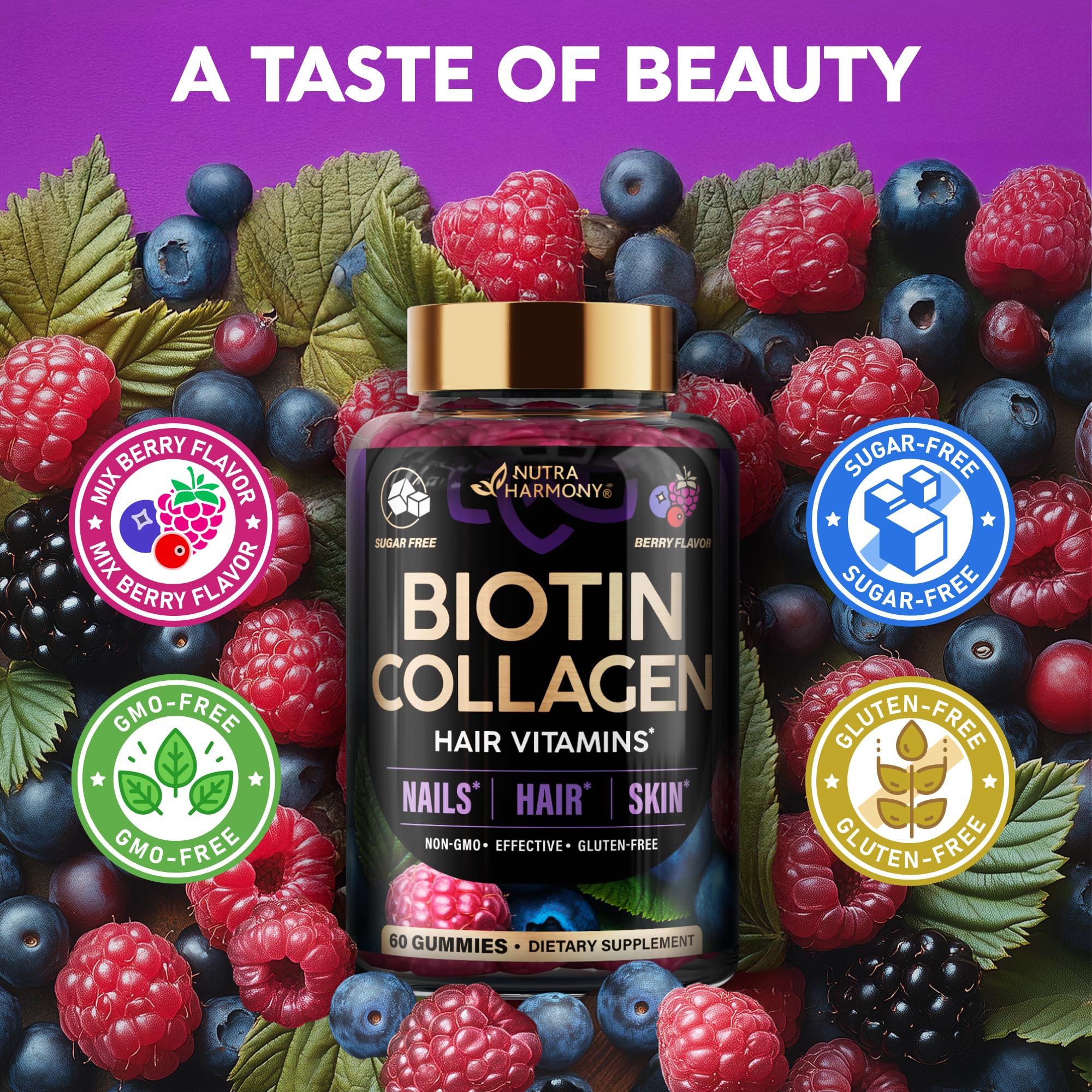 NUTRAHARMONY Biotin & Collagen Gummies on a kitchen counter