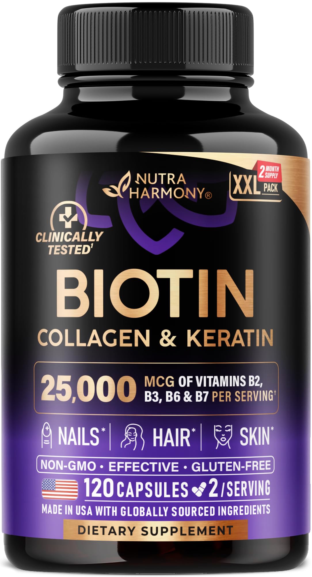 NUTRAHARMONY Biotin, Collagen & Keratin Complex Capsules front view