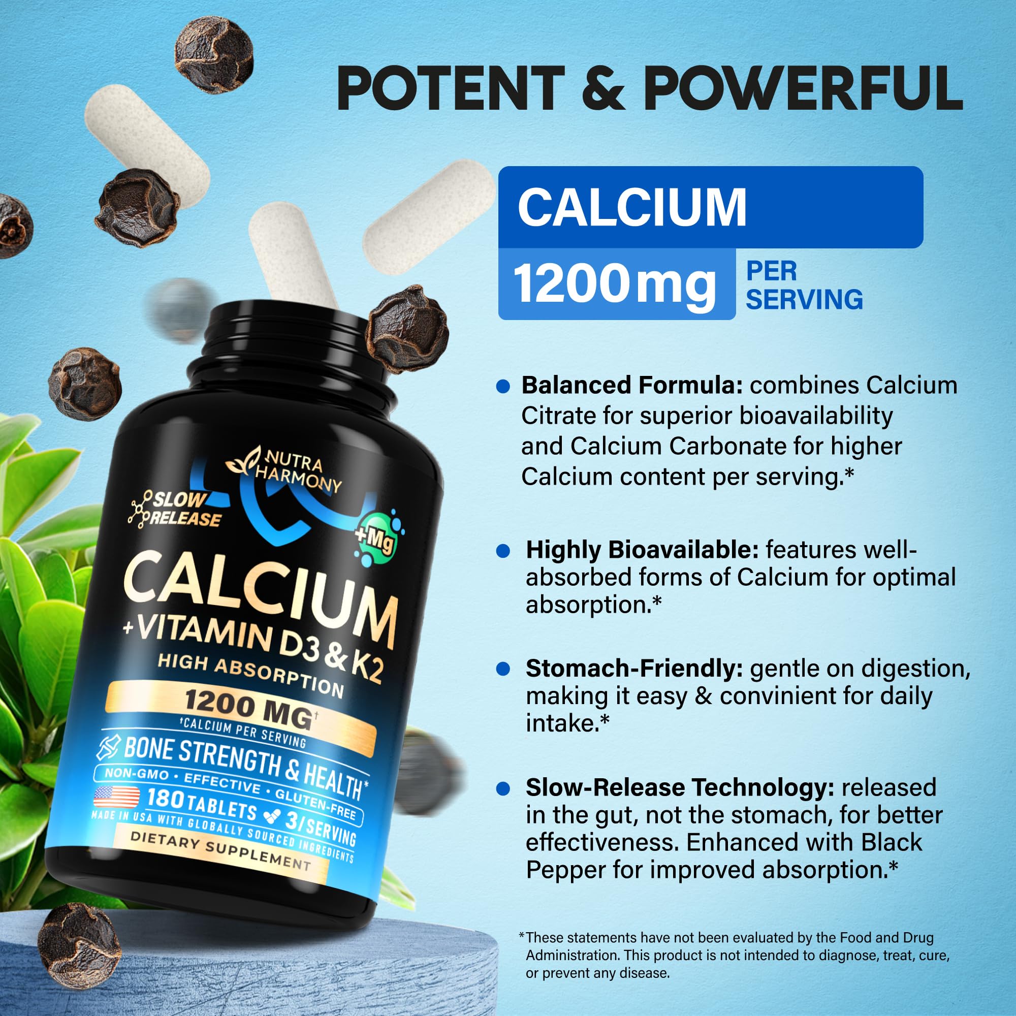 NUTRAHARMONY Calcium Supplement 1200mg tablets on a spoon