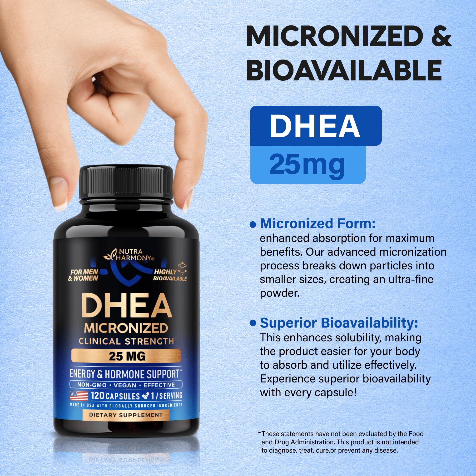 NUTRAHARMONY DHEA 25mg Capsules with dosage information