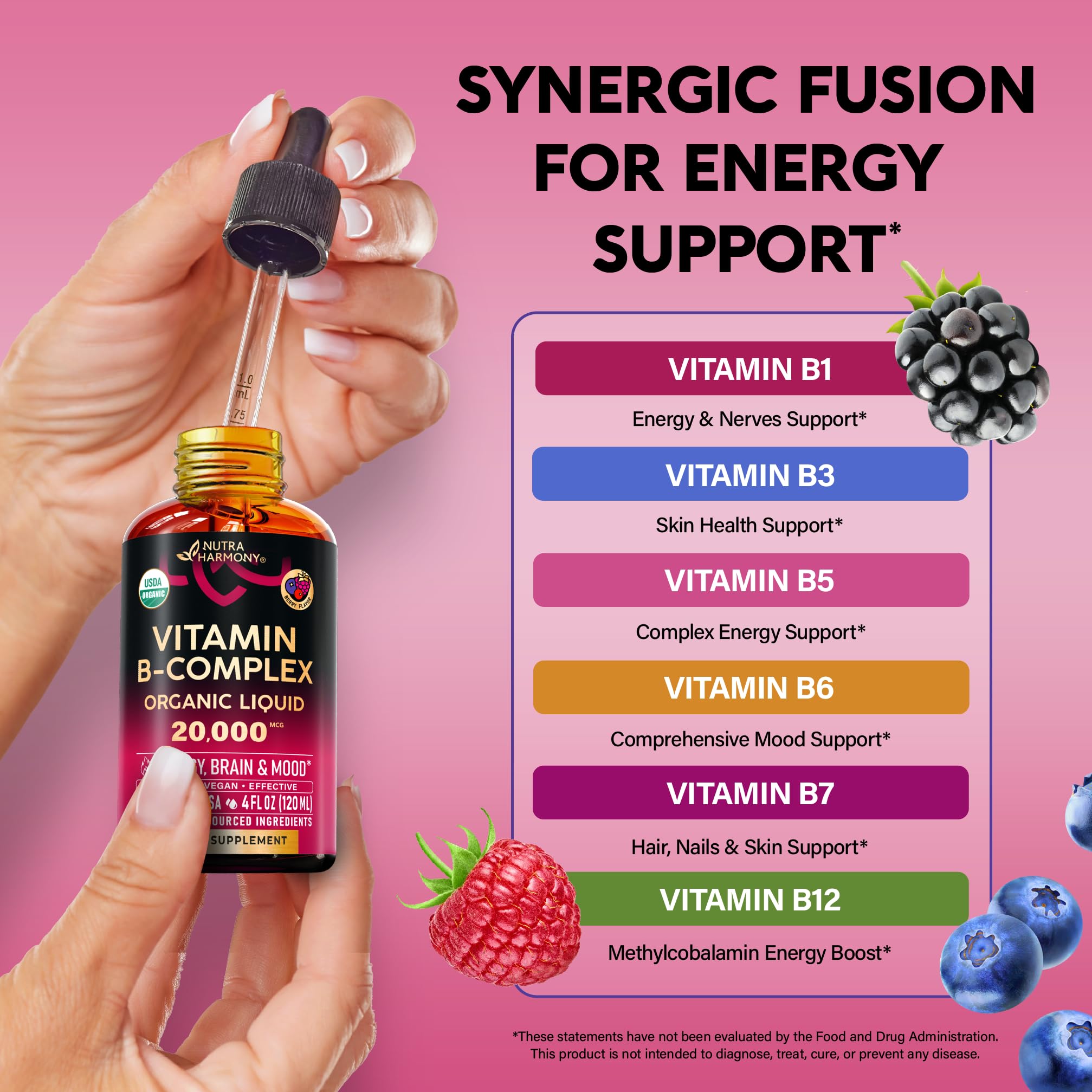 NUTRAHARMONY Full Spectrum Vitamin B Complex drops on a wooden surface