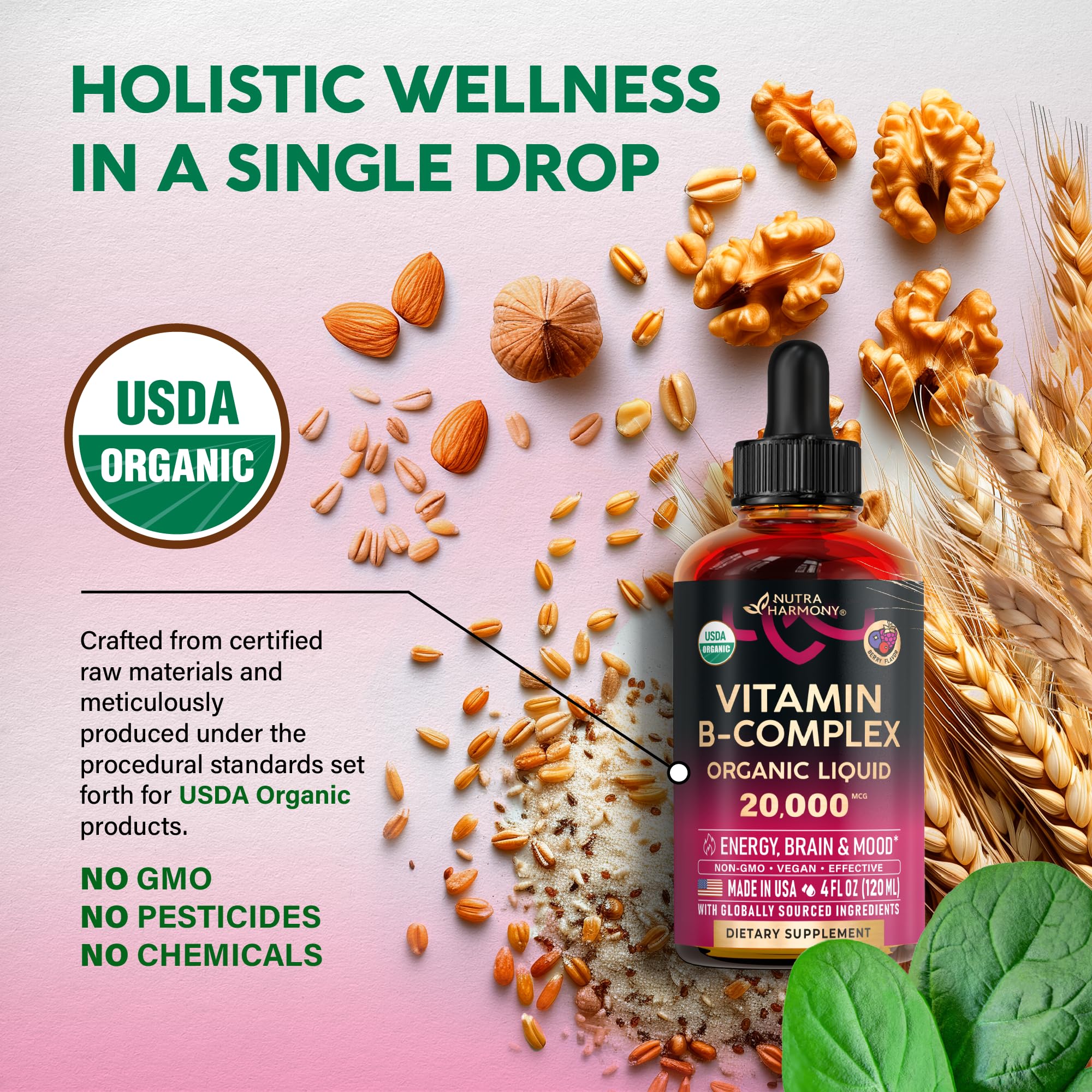 NUTRAHARMONY Full Spectrum Vitamin B Complex drops with dosage dropper