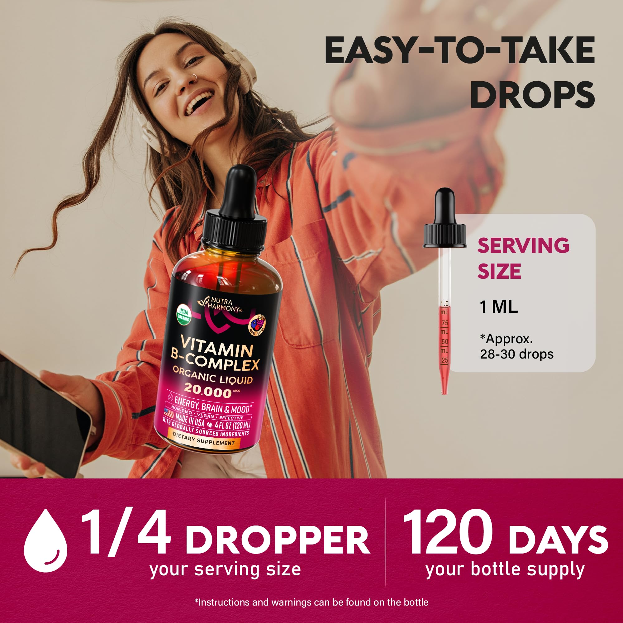 NUTRAHARMONY Full Spectrum Vitamin B Complex drops with measuring spoon