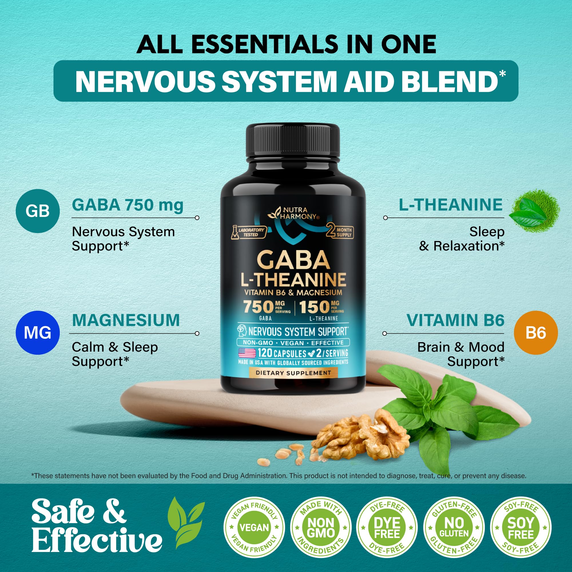 NUTRAHARMONY GABA 750MG Capsules with L-Theanine and Magnesium ingredients