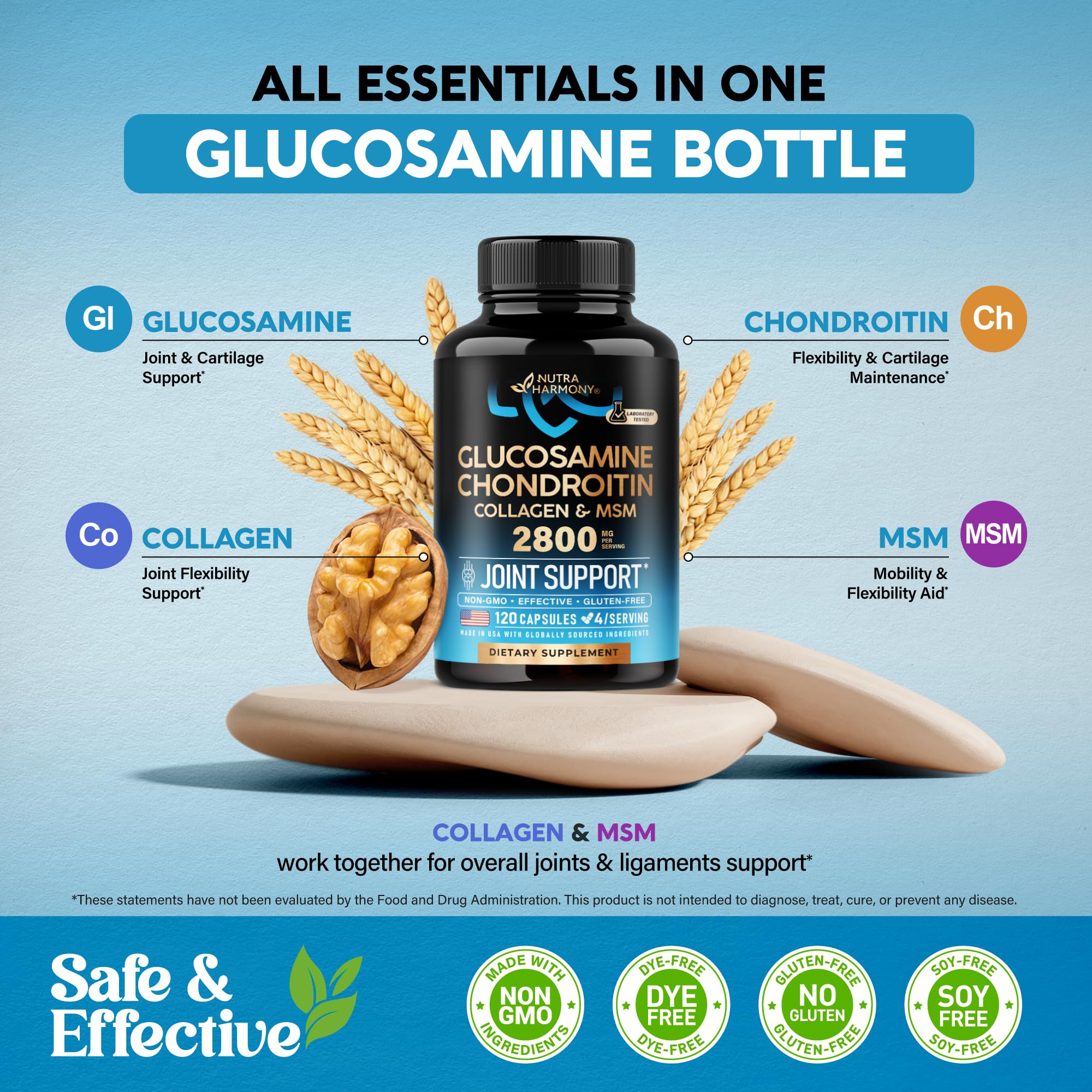 NUTRAHARMONY Glucosamine Chondroitin MSM capsules on a wooden table