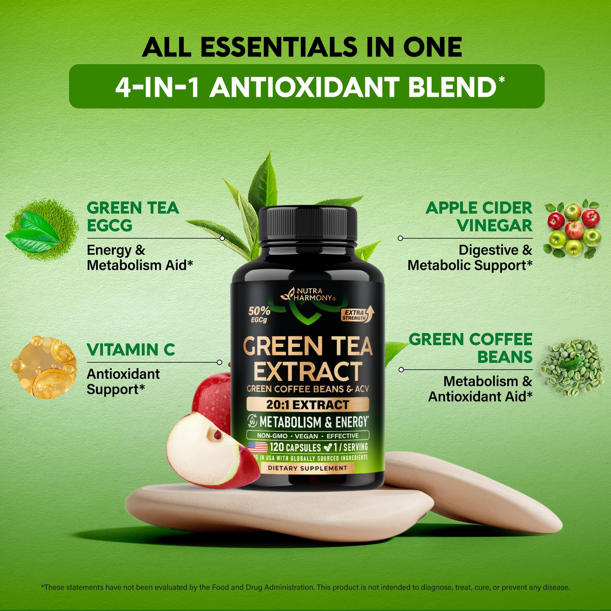 NUTRAHARMONY Green Coffee Bean Extract Capsules on a wooden table