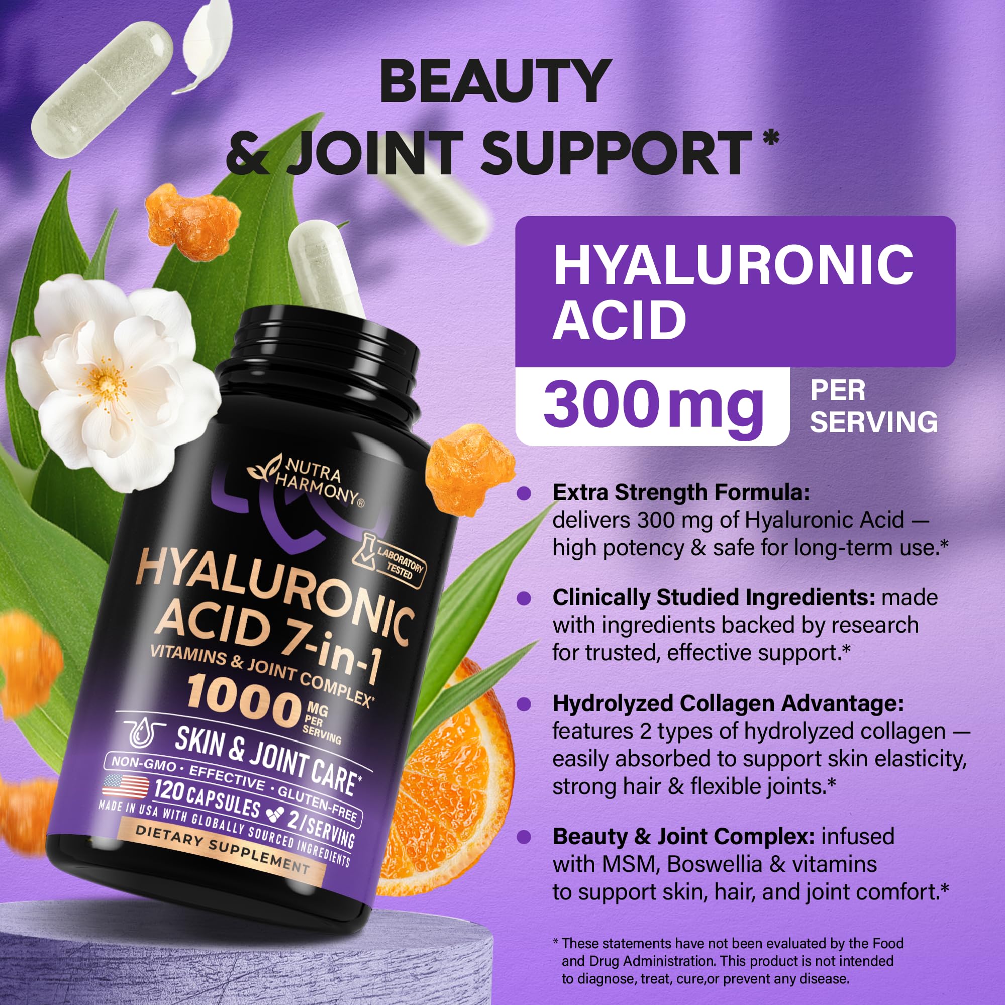 NUTRAHARMONY Hyaluronic Acid Complex 300mg capsules bottle with label