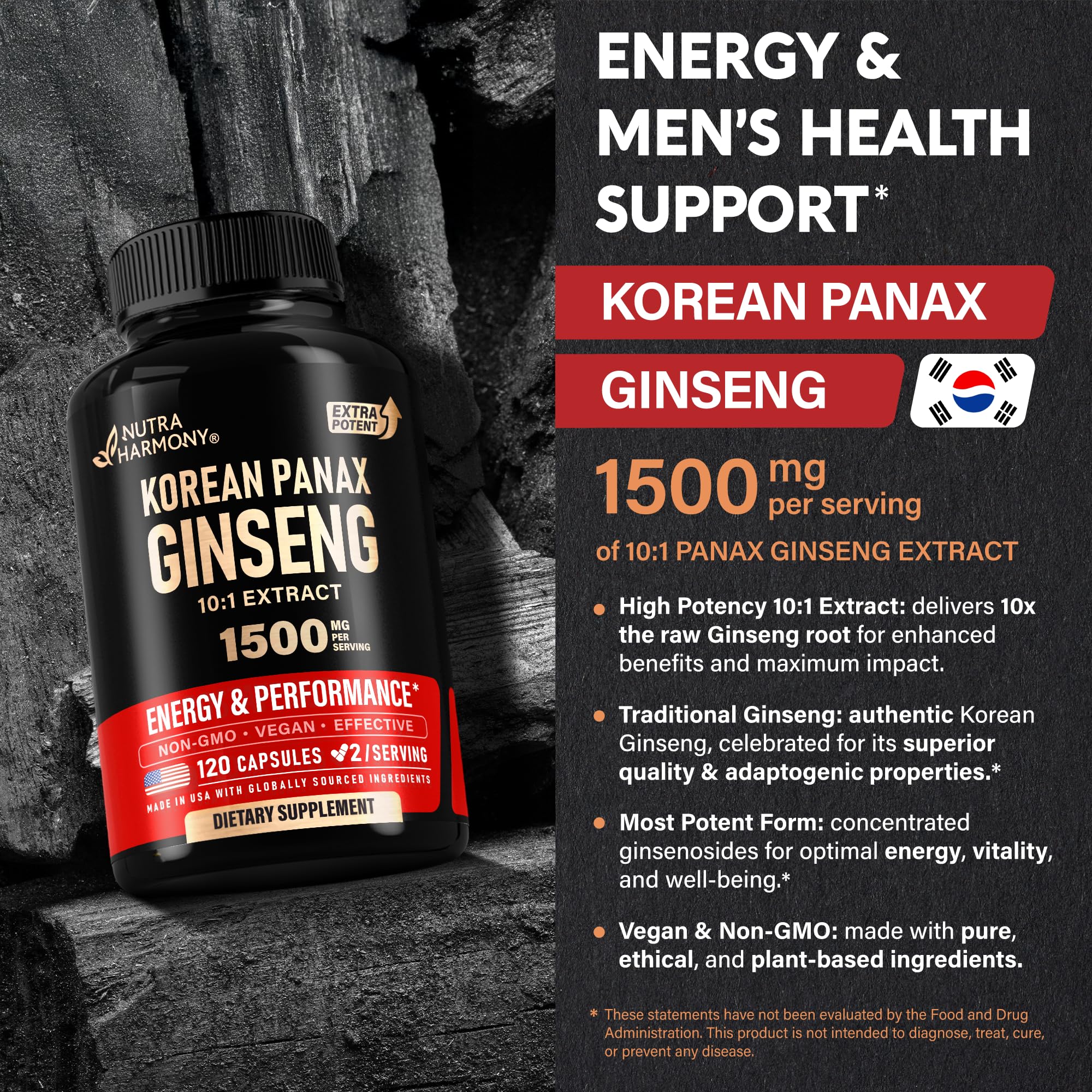 NUTRAHARMONY Korean Panax Ginseng capsules on a wooden surface