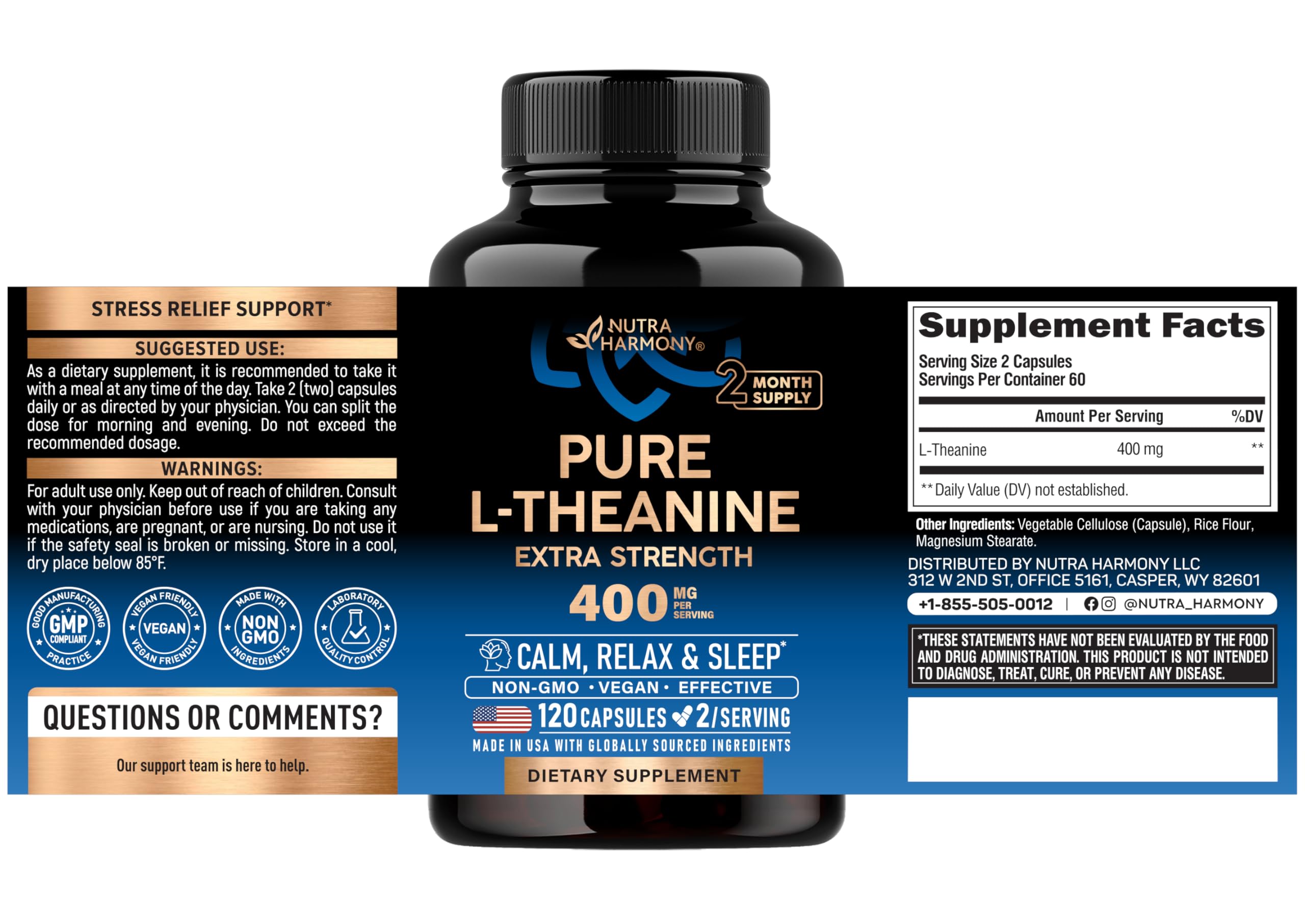 NUTRAHARMONY L-Theanine 400 mg bottle side view