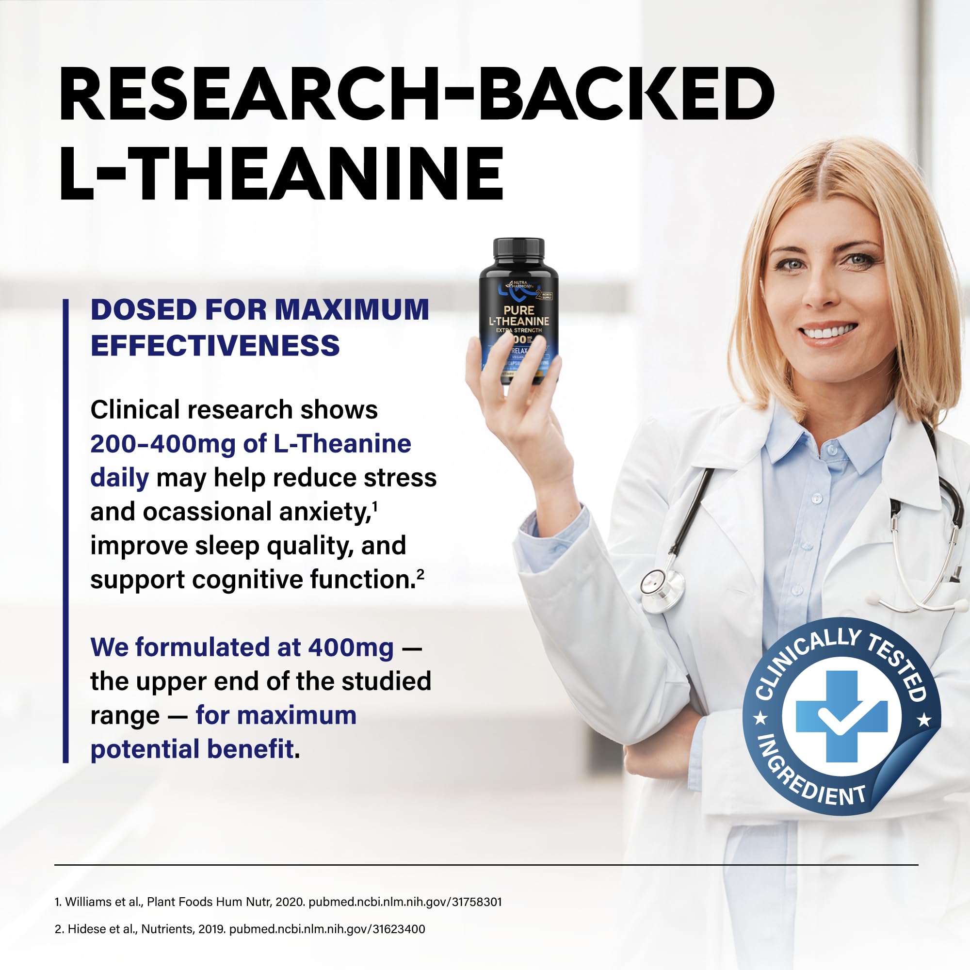 NUTRAHARMONY L-Theanine 400 mg capsules on a table