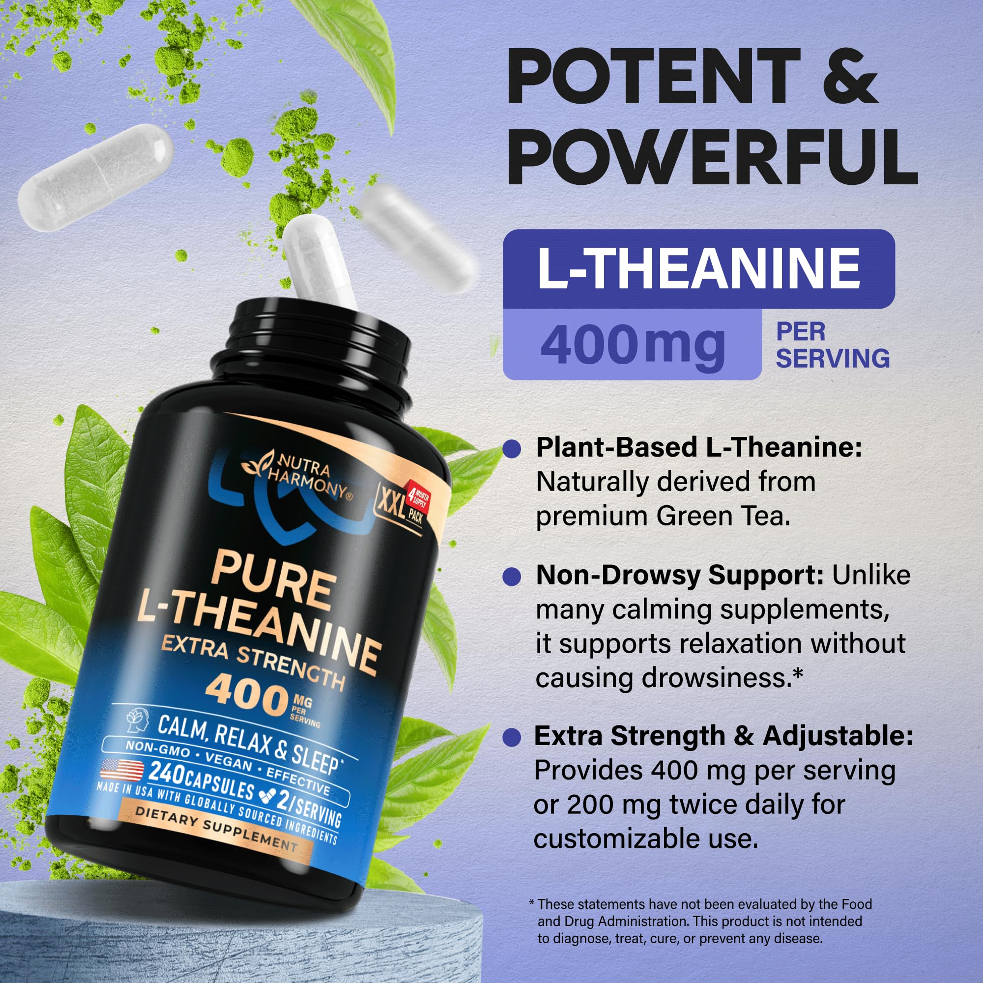 NUTRAHARMONY L-Theanine Supplement 400mg 60 Capsules label close-up