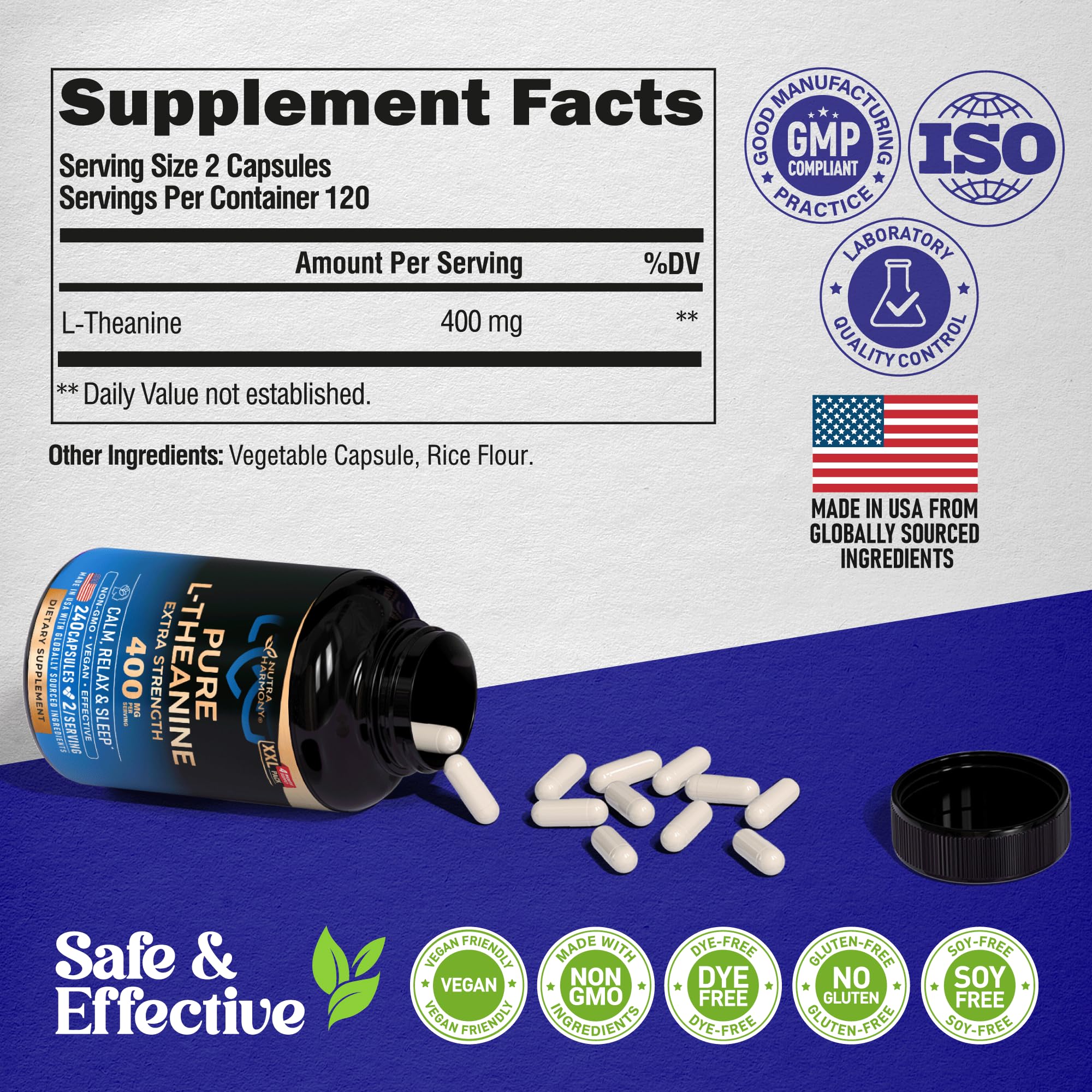 NUTRAHARMONY L-Theanine Supplement 400mg bottle with green tea leaves