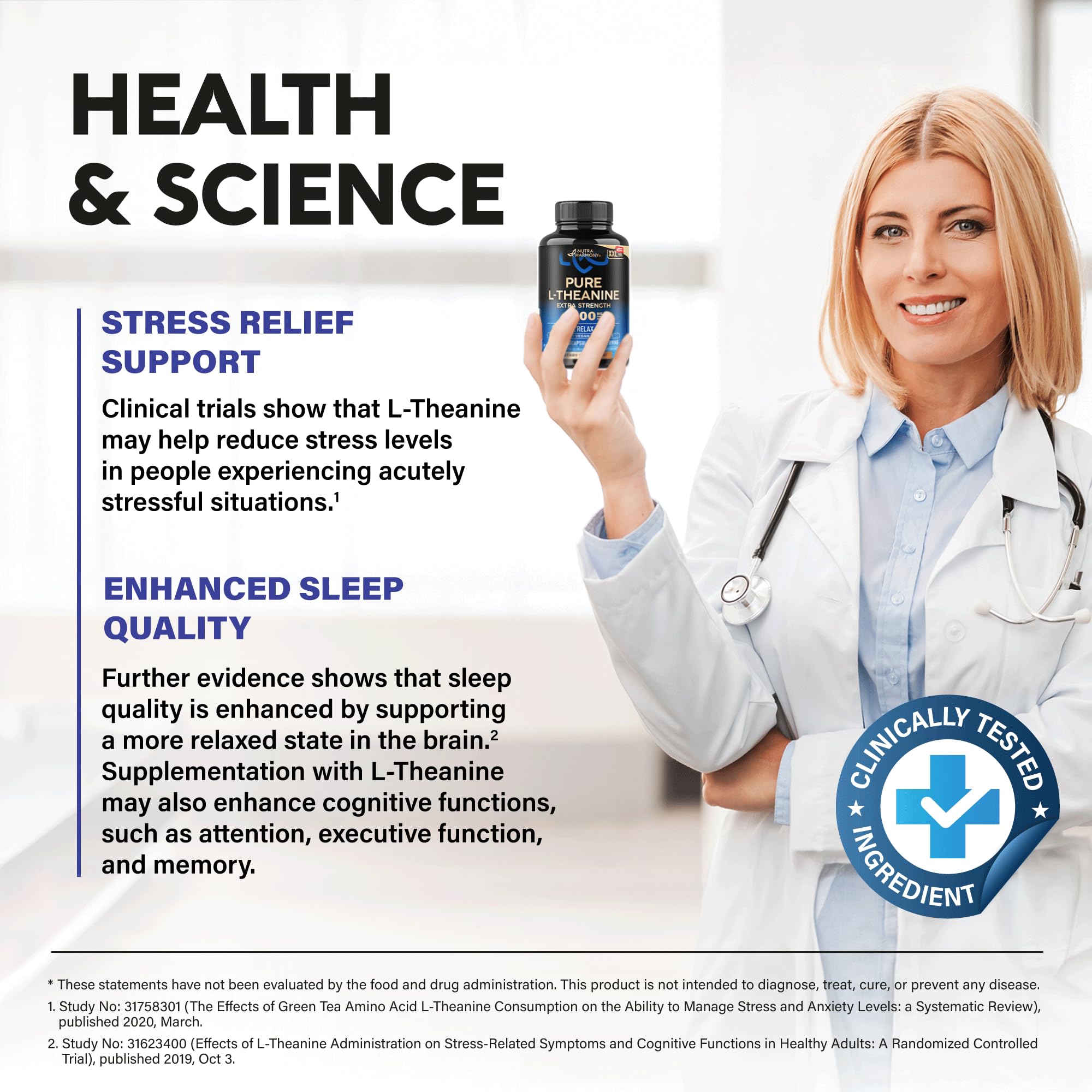 NUTRAHARMONY L-Theanine Supplement 400mg capsules on a wooden table