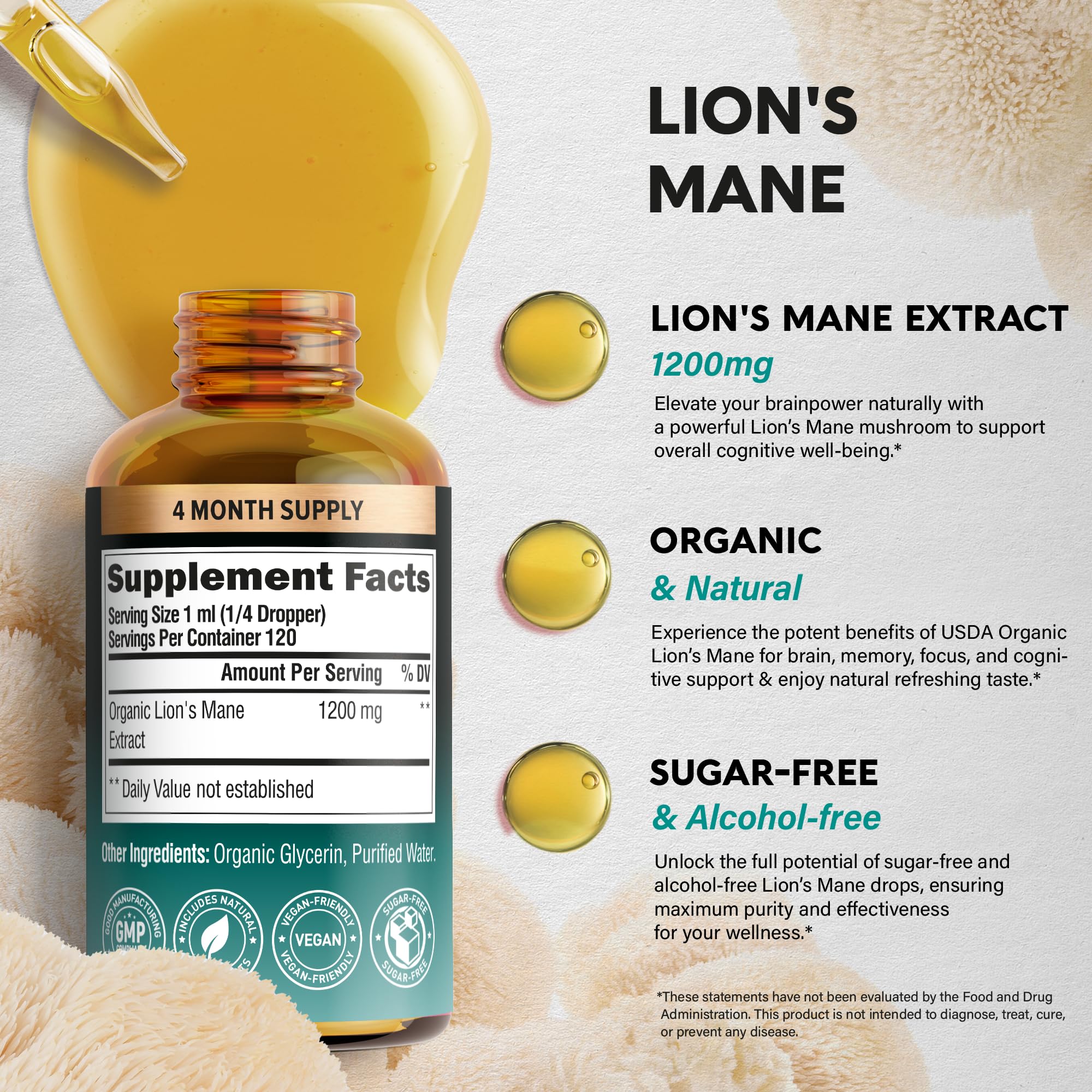 NUTRAHARMONY Lion’s Mane Liquid Extract 1200mg ingredients list