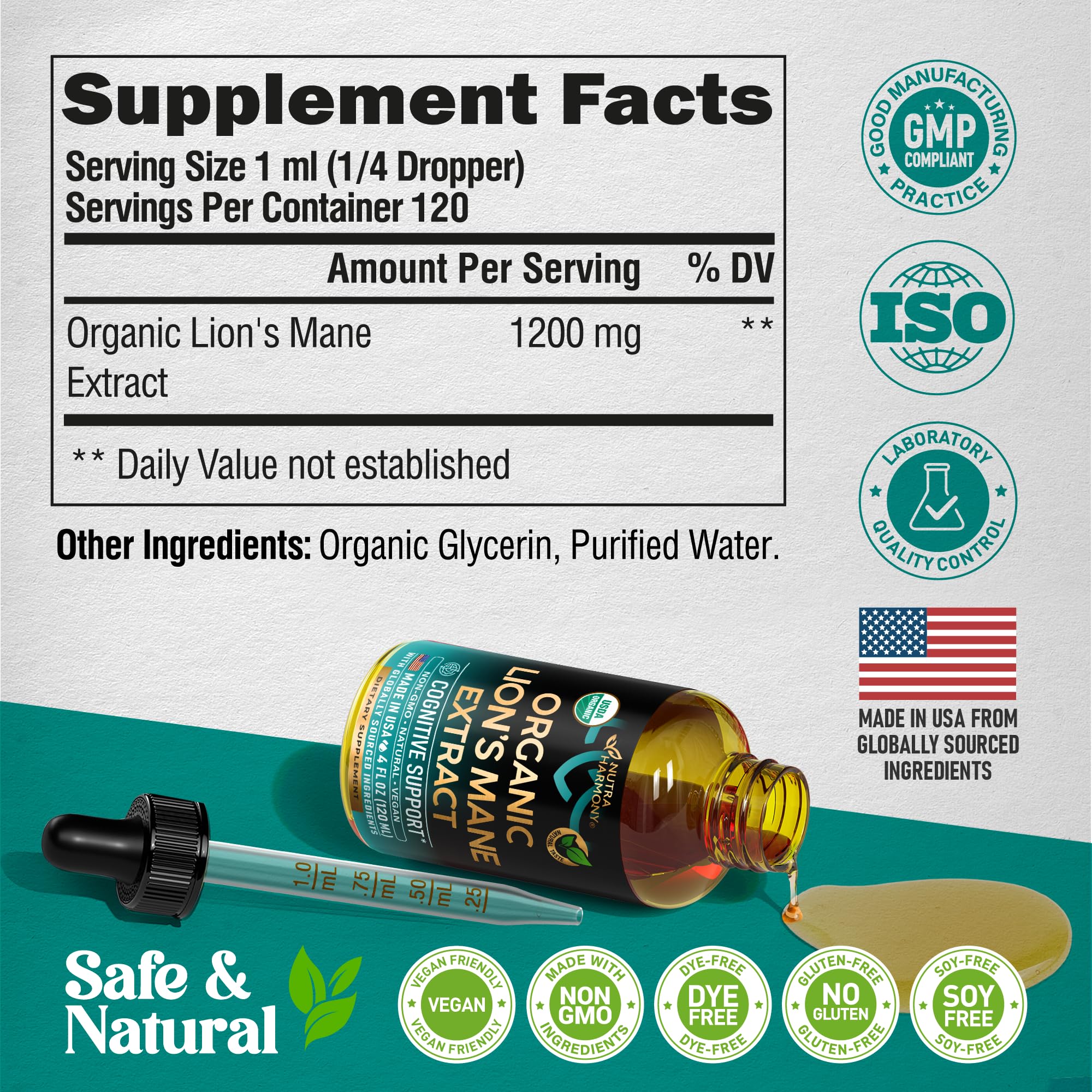 NUTRAHARMONY Lion’s Mane Liquid Extract 1200mg on a wooden table
