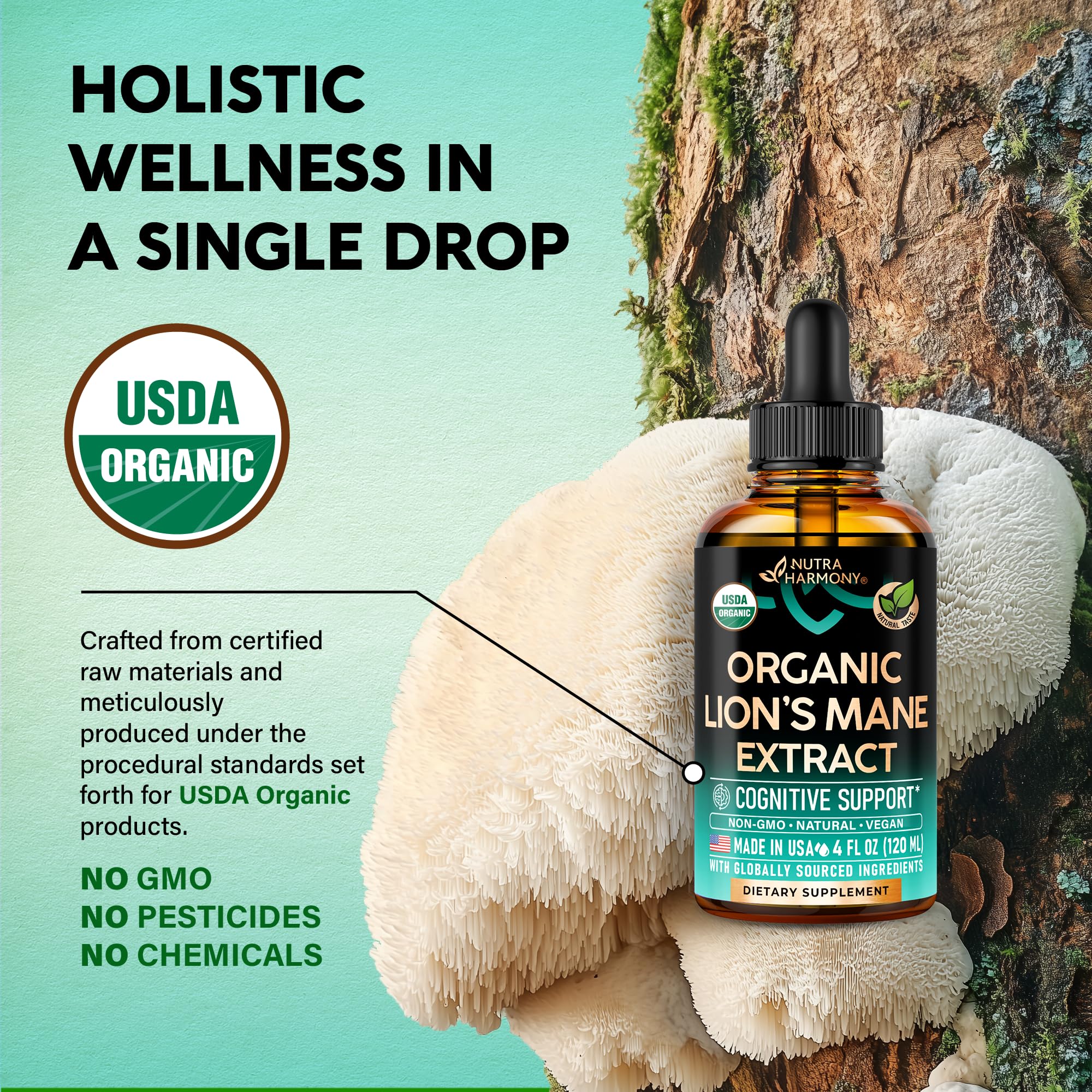 NUTRAHARMONY Lion’s Mane Liquid Extract 1200mg with dropper