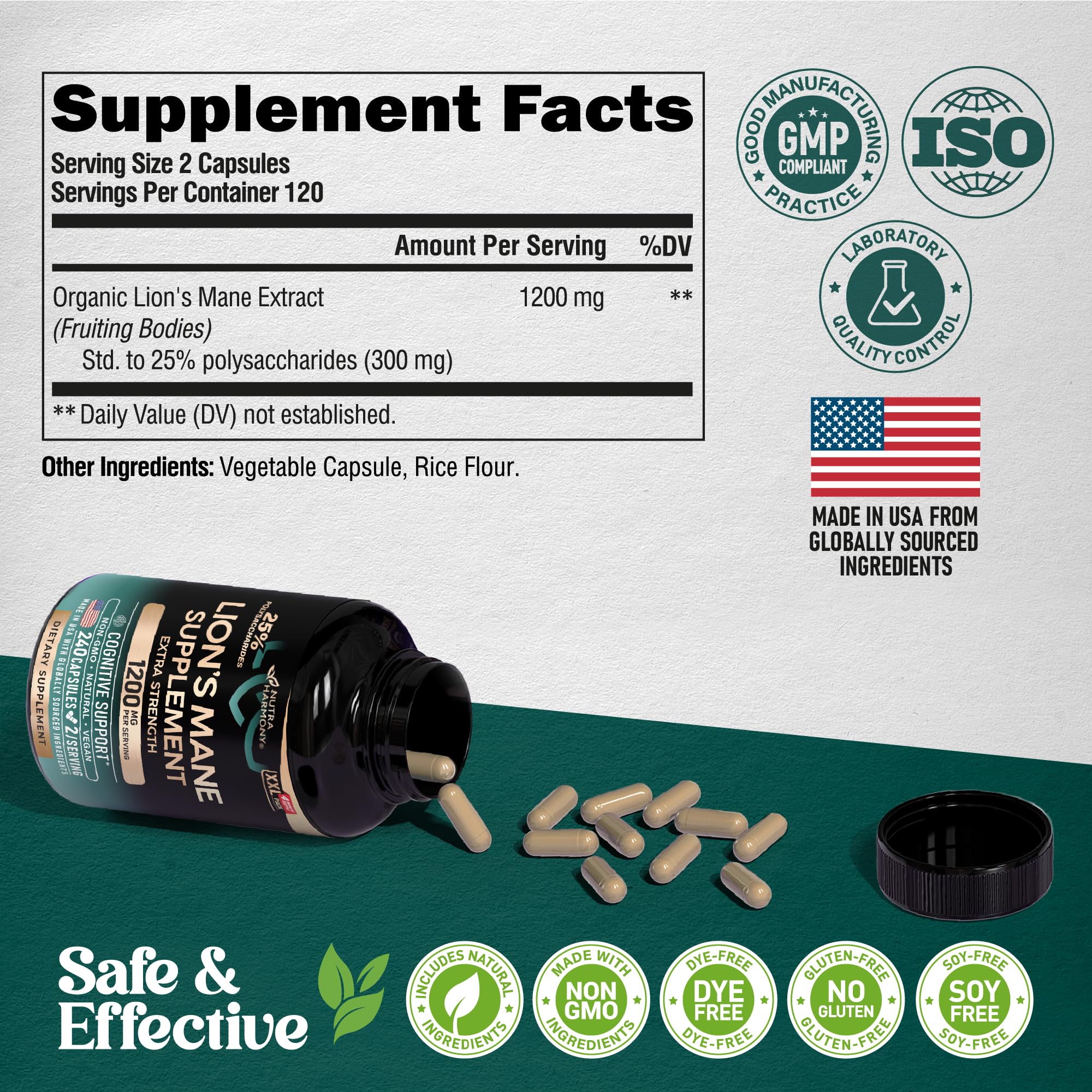 NUTRAHARMONY Lion's Mane Mushroom Capsules on a wooden table
