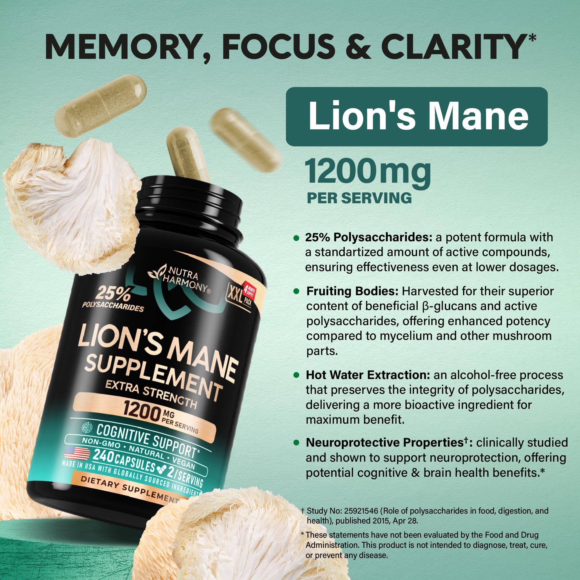 NUTRAHARMONY Lion's Mane Mushroom Capsules with serving suggestion