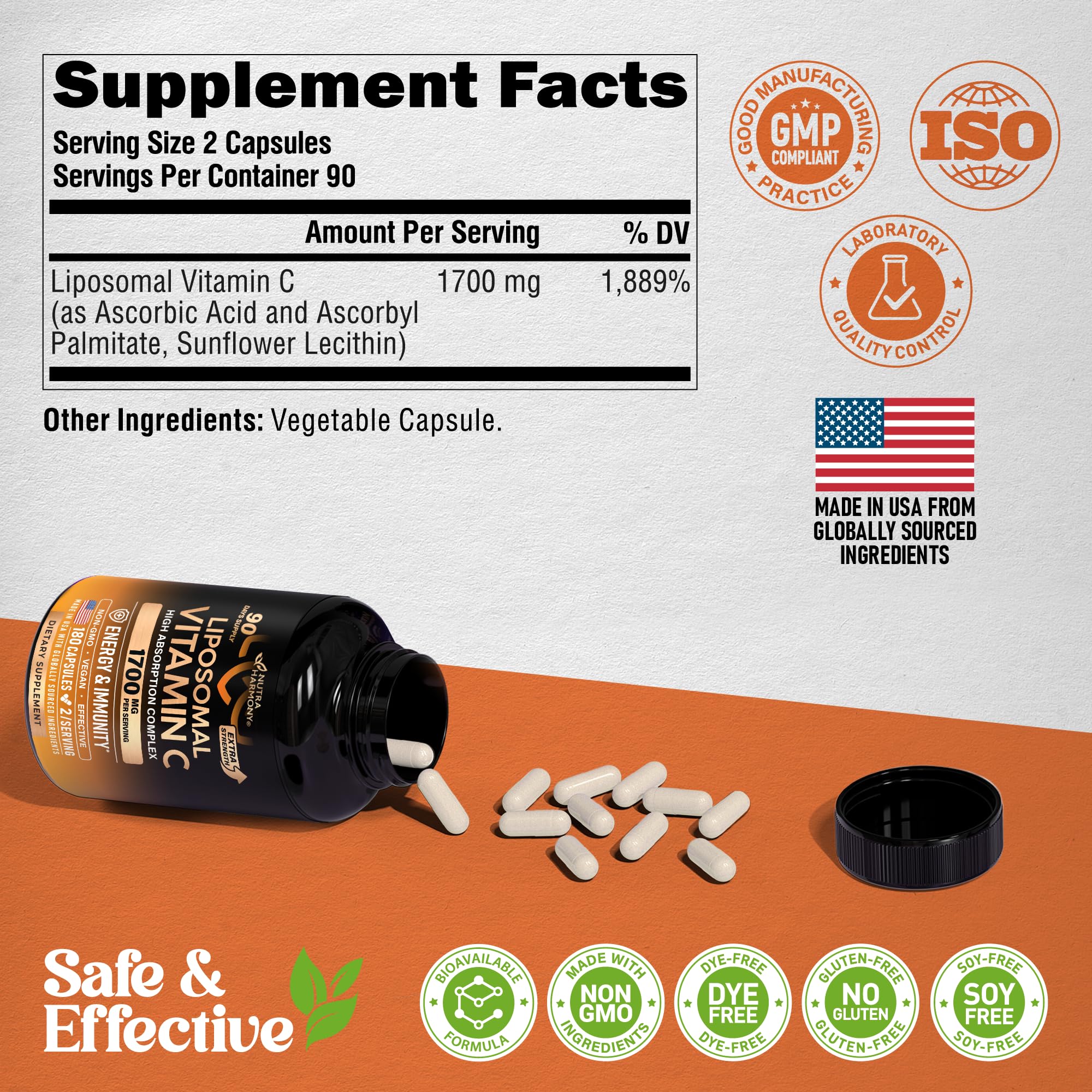 NUTRAHARMONY Liposomal Vitamin C 1700mg capsules on a wooden table