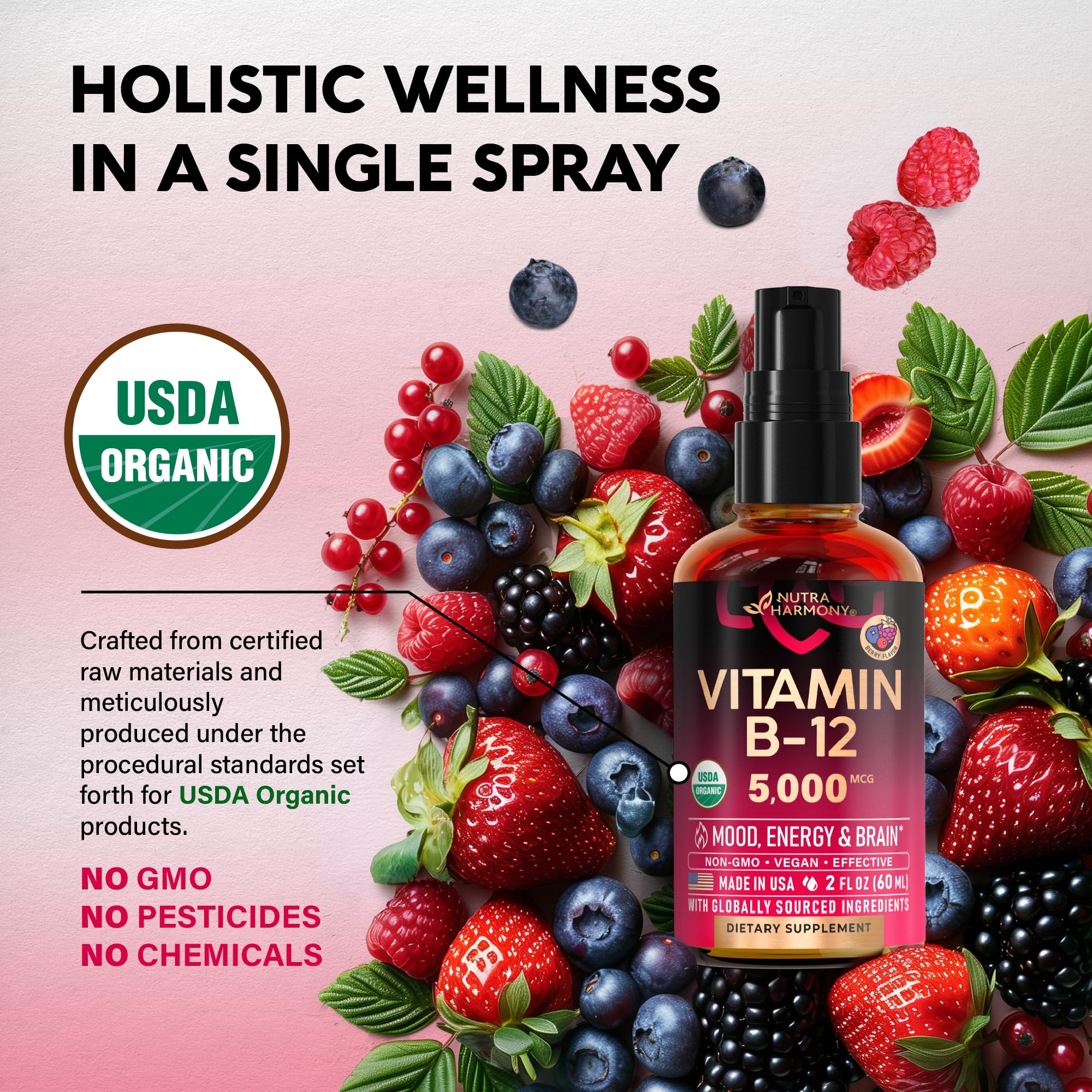 NUTRAHARMONY Liquid Vitamin B12 Spray with dosage instructions