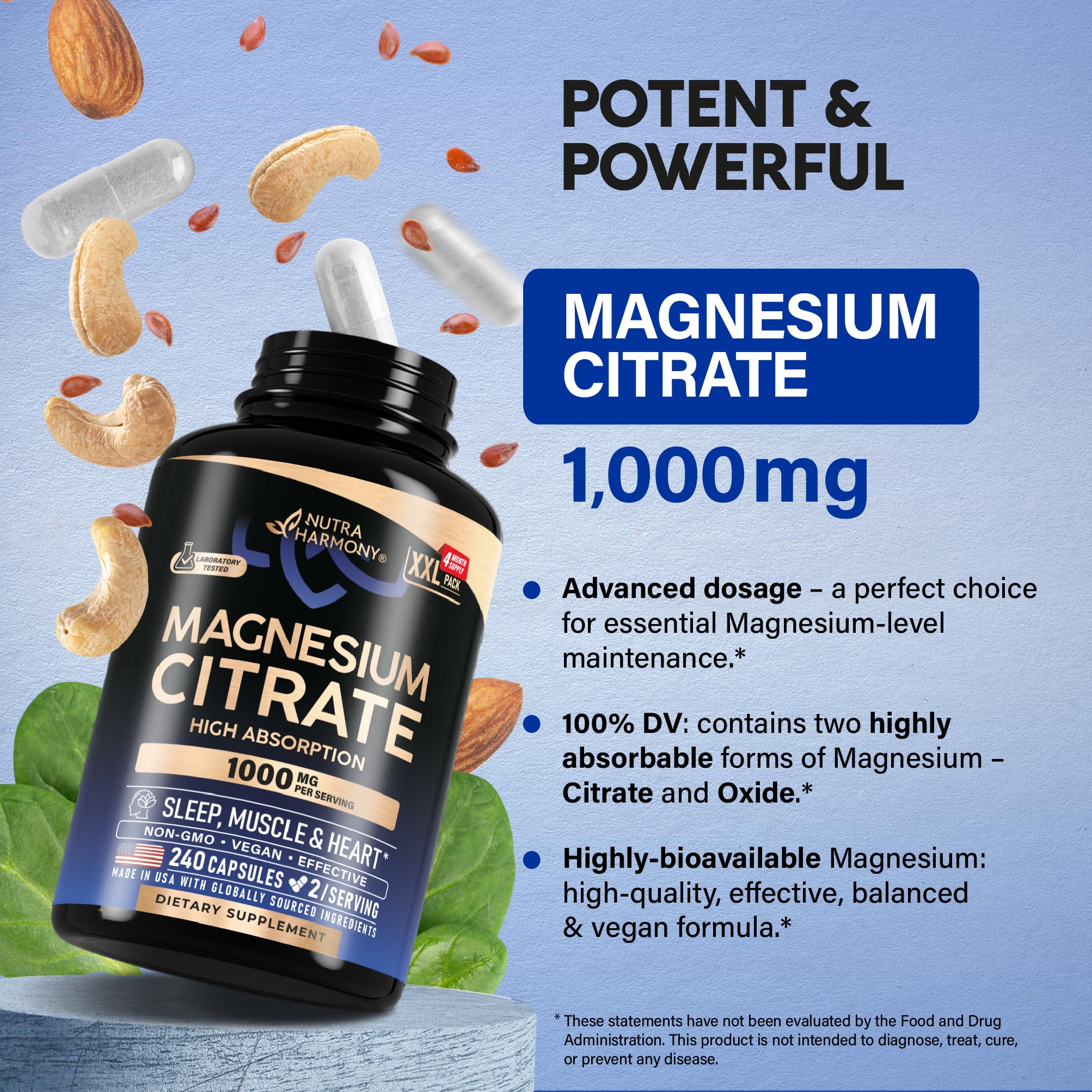 NUTRAHARMONY Magnesium Citrate Capsules 1000 mg serving size