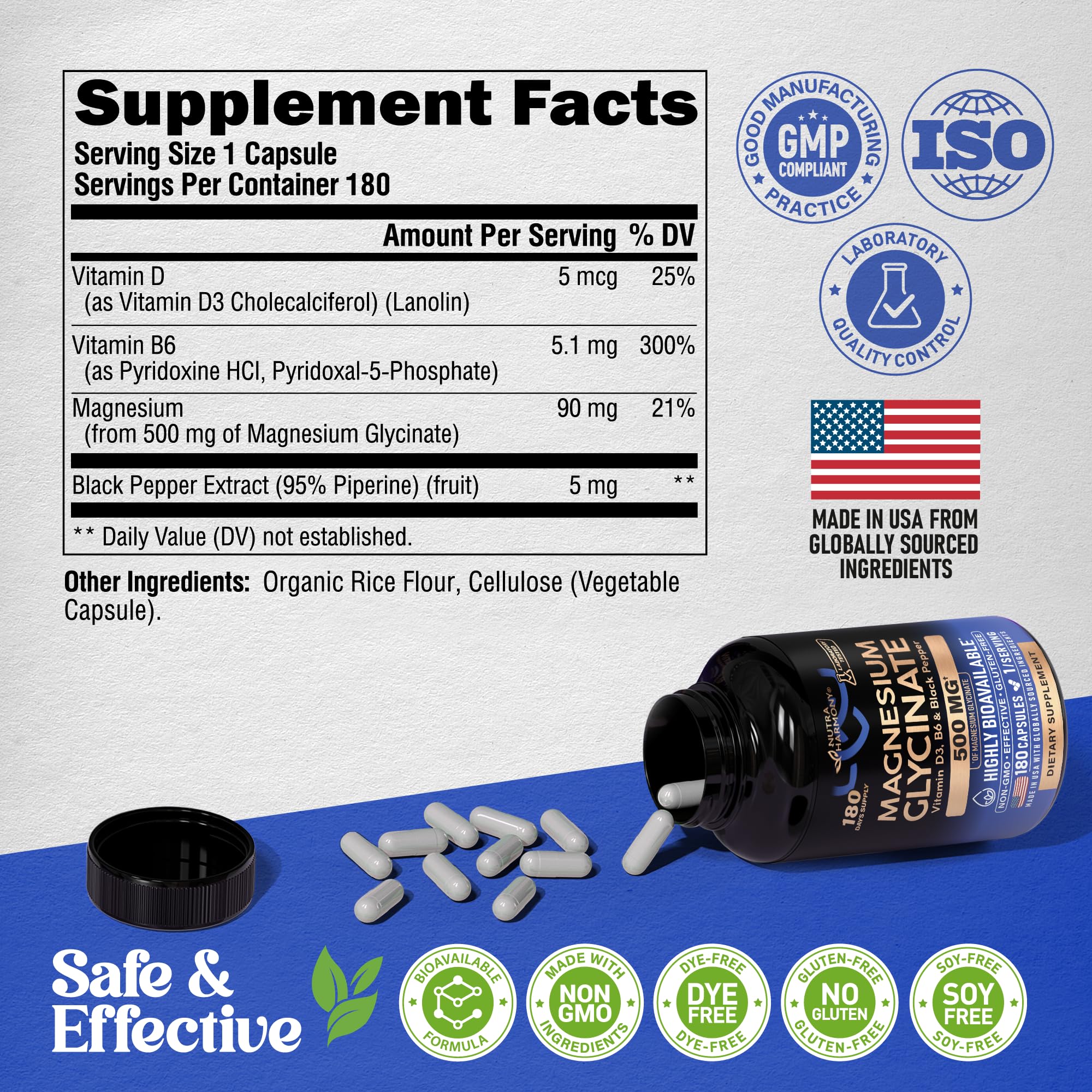 NUTRAHARMONY Magnesium Glycinate 500 mg Capsules with vitamins and supplements