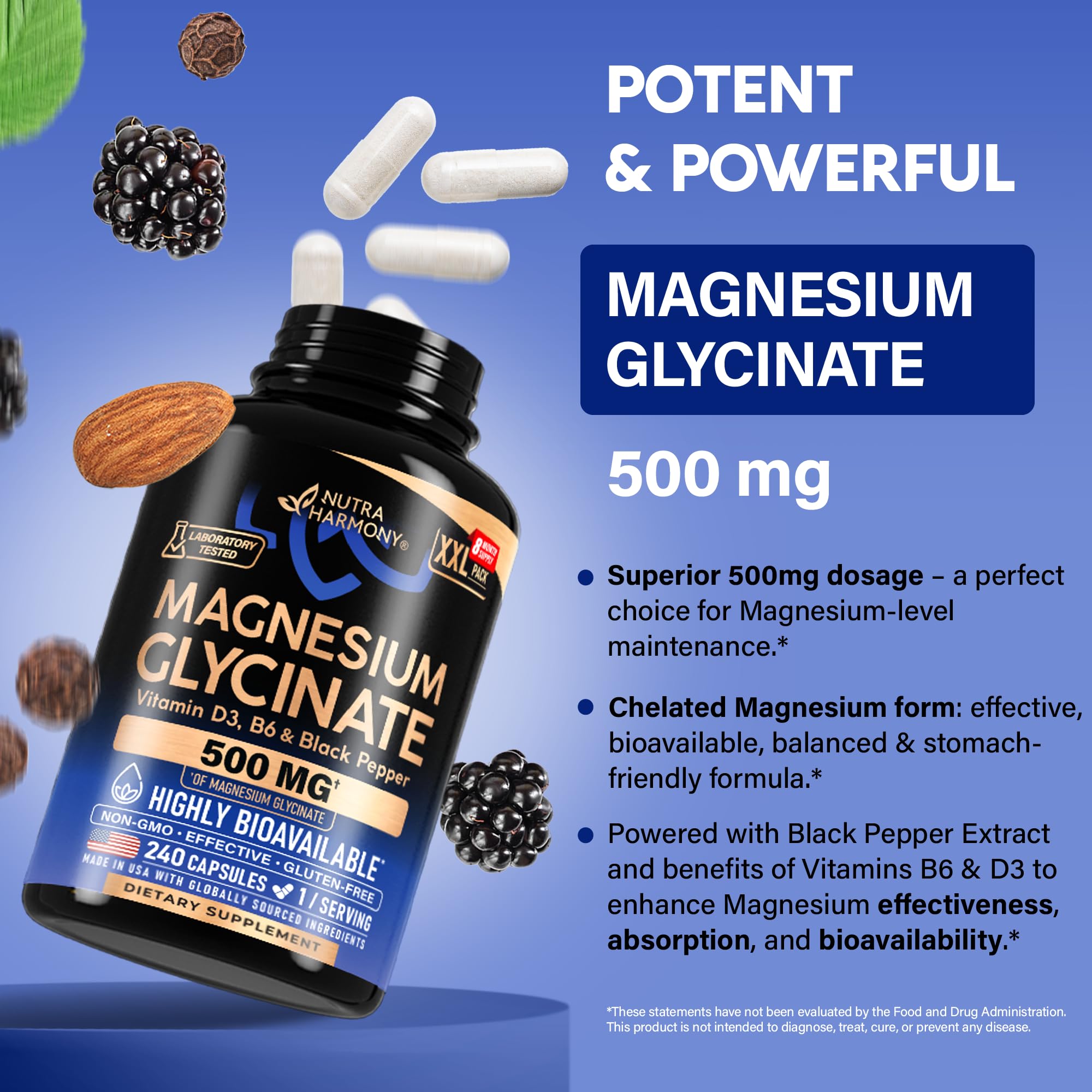 NUTRAHARMONY Magnesium Glycinate 500mg capsules with packaging
