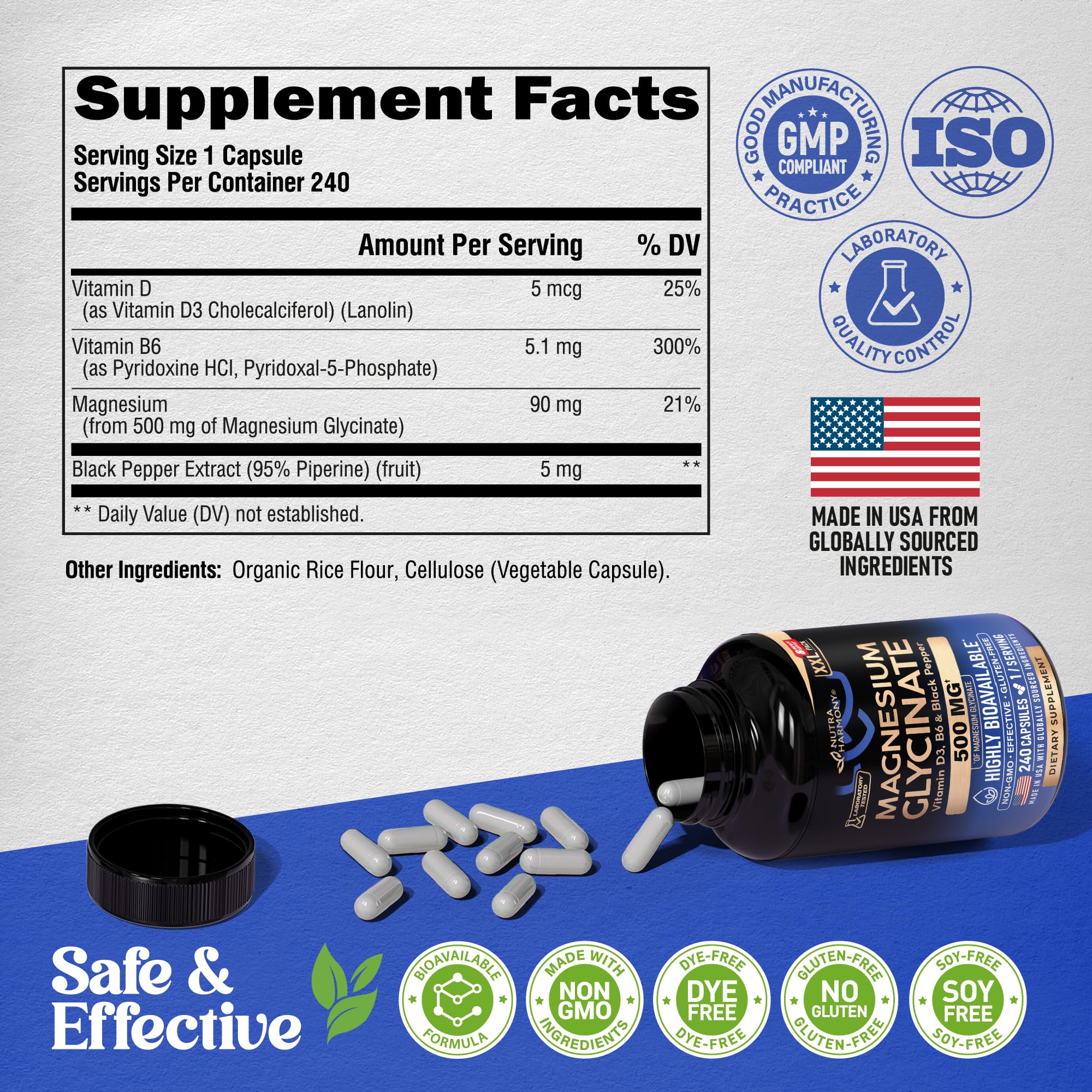 NUTRAHARMONY Magnesium Glycinate capsules opened bottle