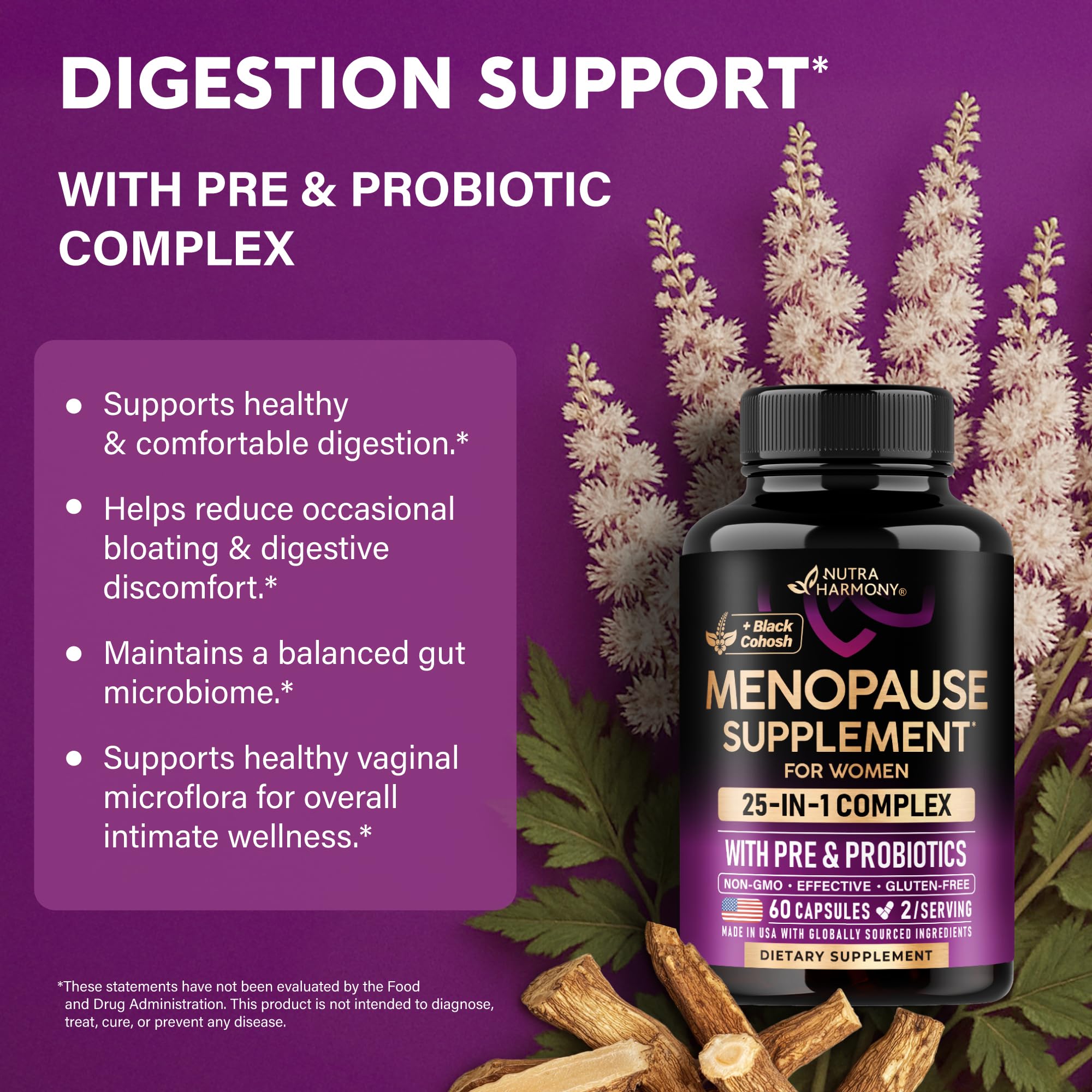 NUTRAHARMONY Menopause Supplement 25-in-1 bottle with ingredients list