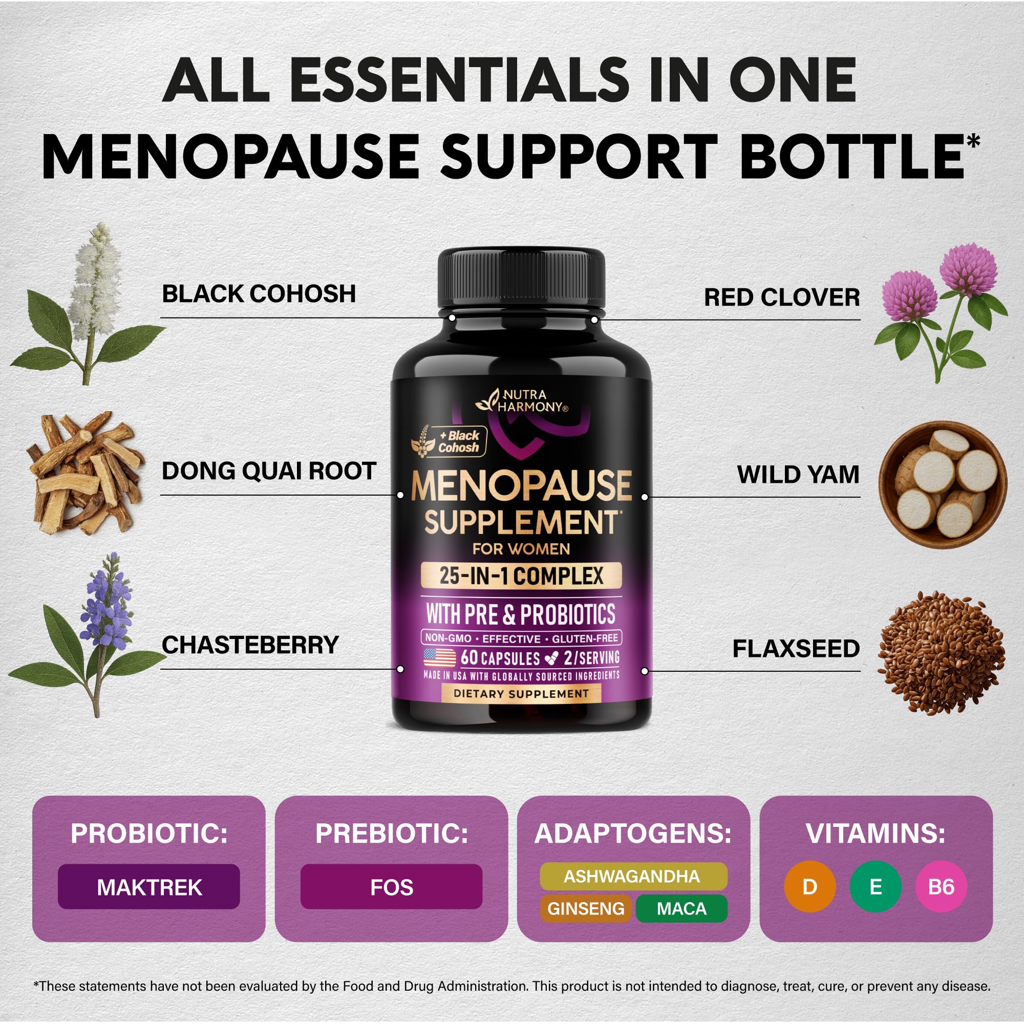 NUTRAHARMONY Menopause Supplement 25-in-1 capsules on a wooden surface