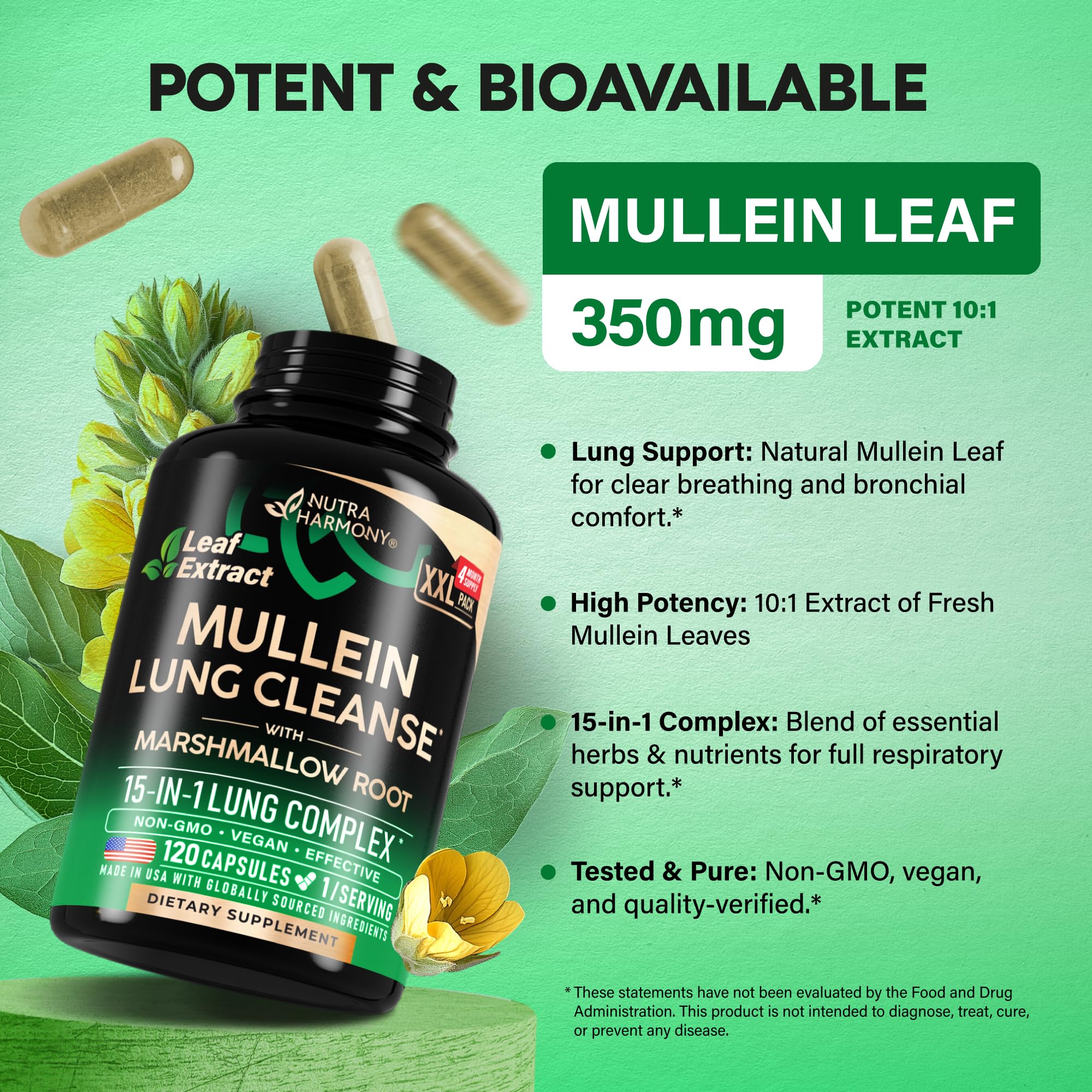 NUTRAHARMONY Mullein Capsules 10:1 Extract 350mg bottle with label