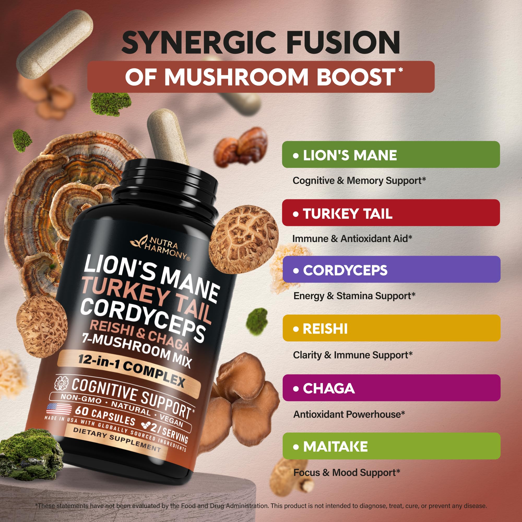 NUTRAHARMONY Mushroom Complex Capsules back view with ingredient list