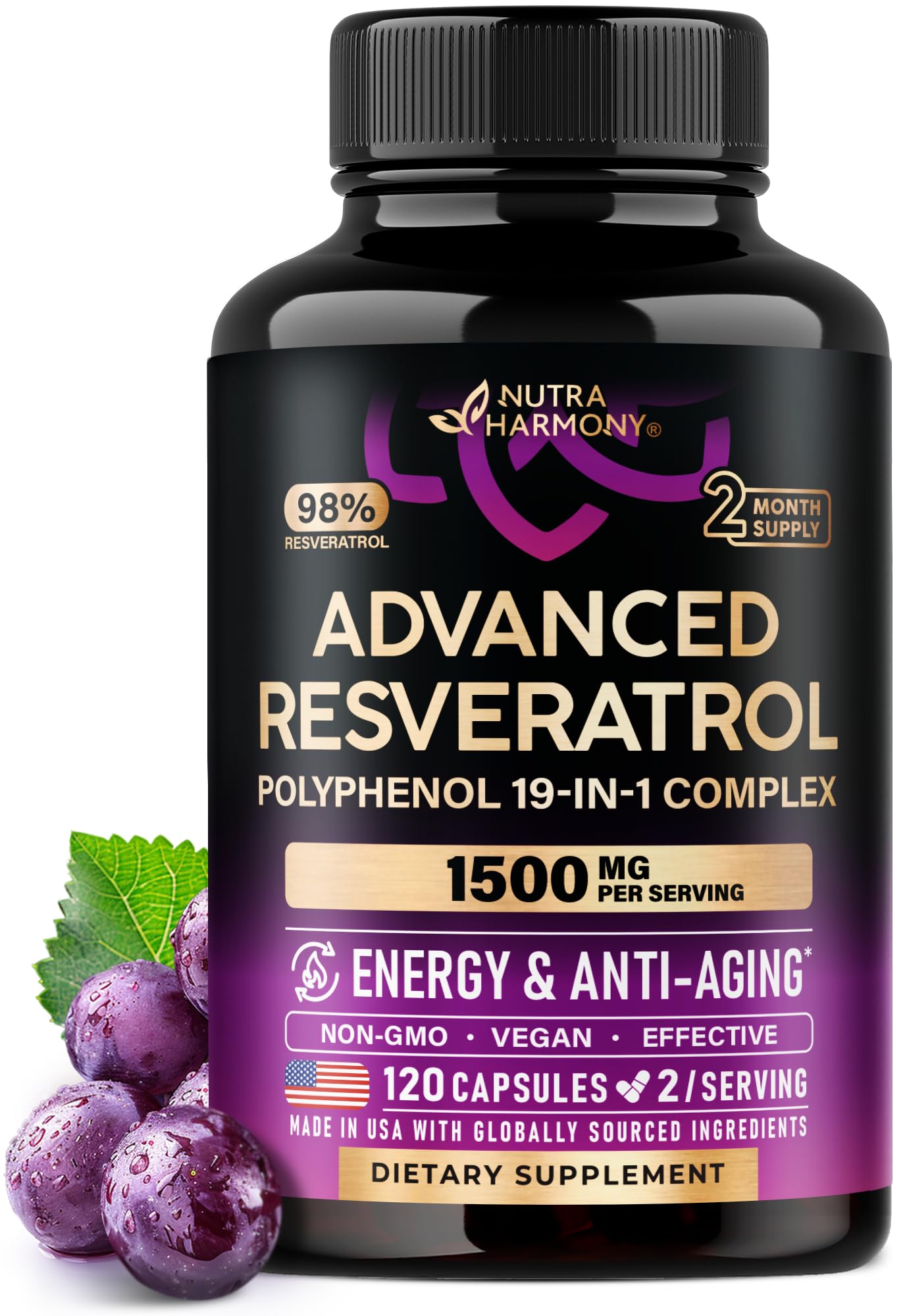 NUTRAHARMONY Resveratrol Polyphenol 19-in-1 Complex front view