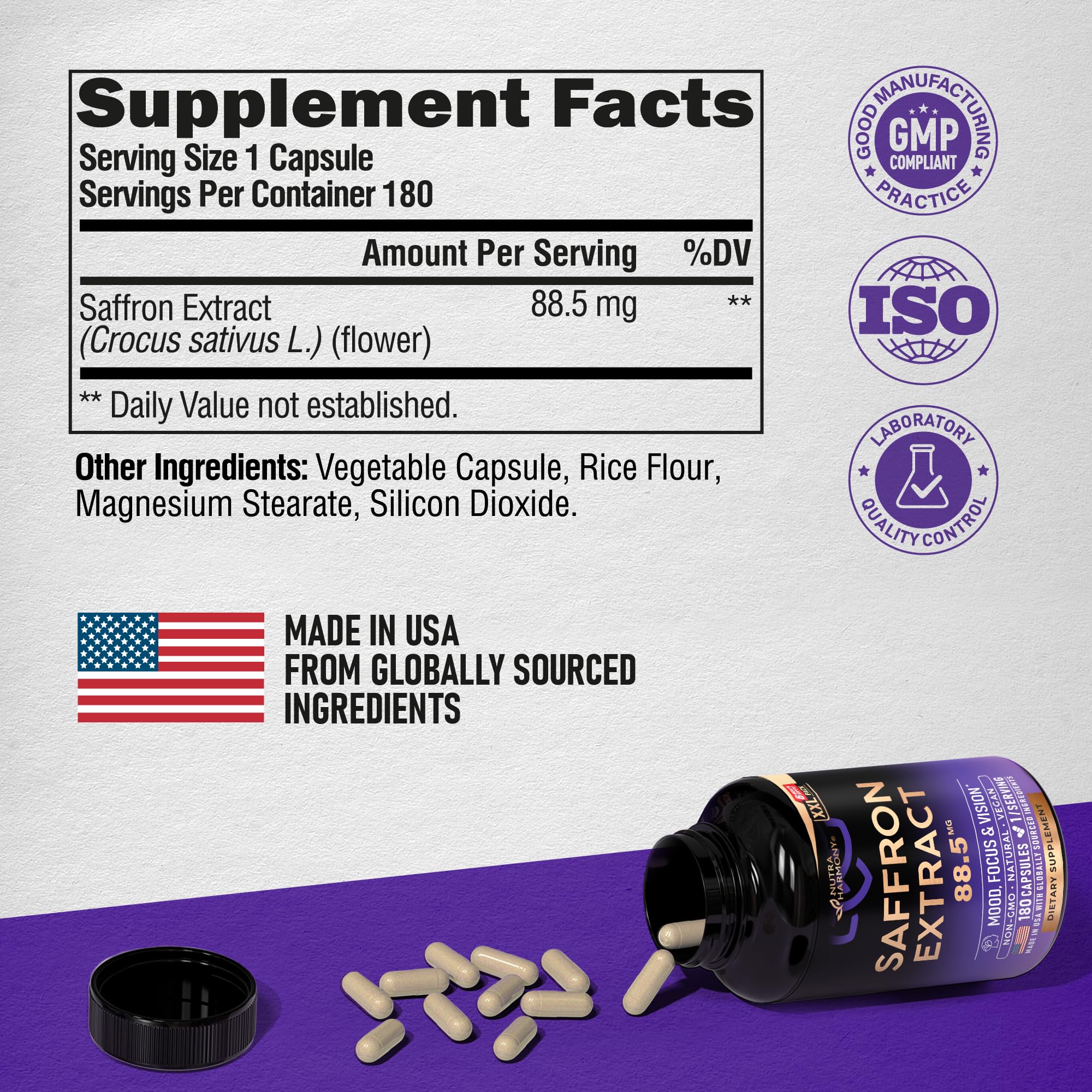 NUTRAHARMONY Saffron Capsules 88.5mg on wooden table