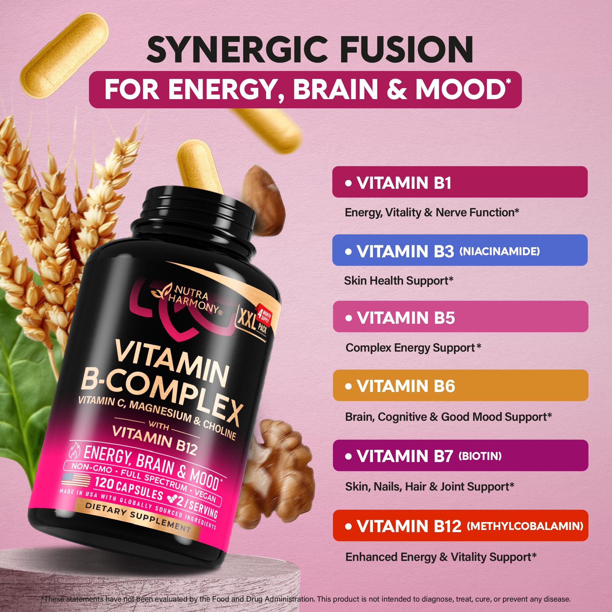 NutraHarmony Vitamin B Complex 60 Capsules with ingredients list