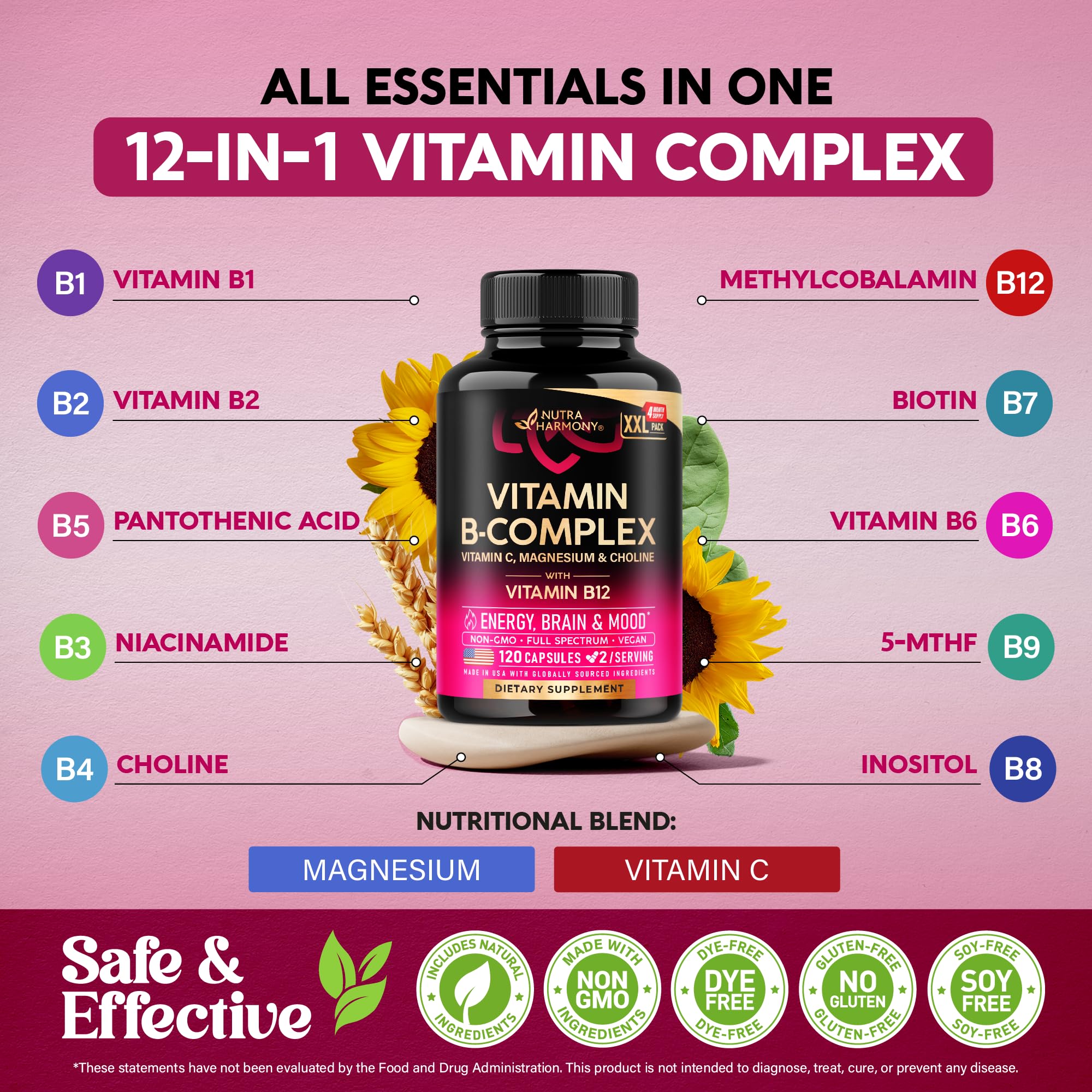 NutraHarmony Vitamin B Complex capsules on a wooden table