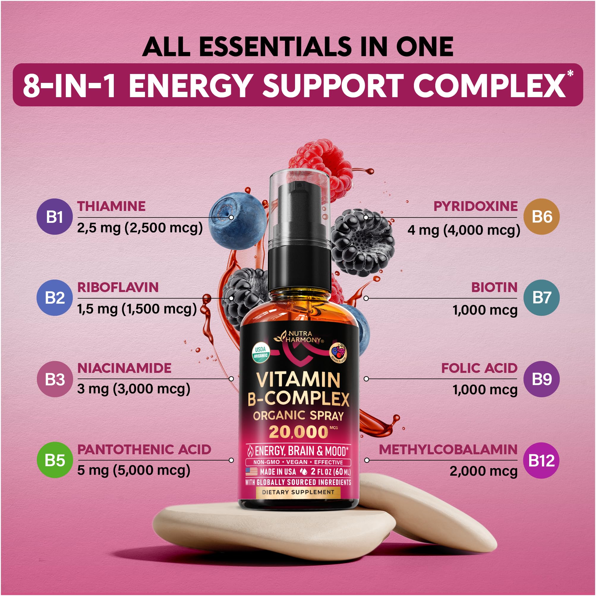 NUTRAHARMONY Vitamin B Complex packaging with berry flavour indication