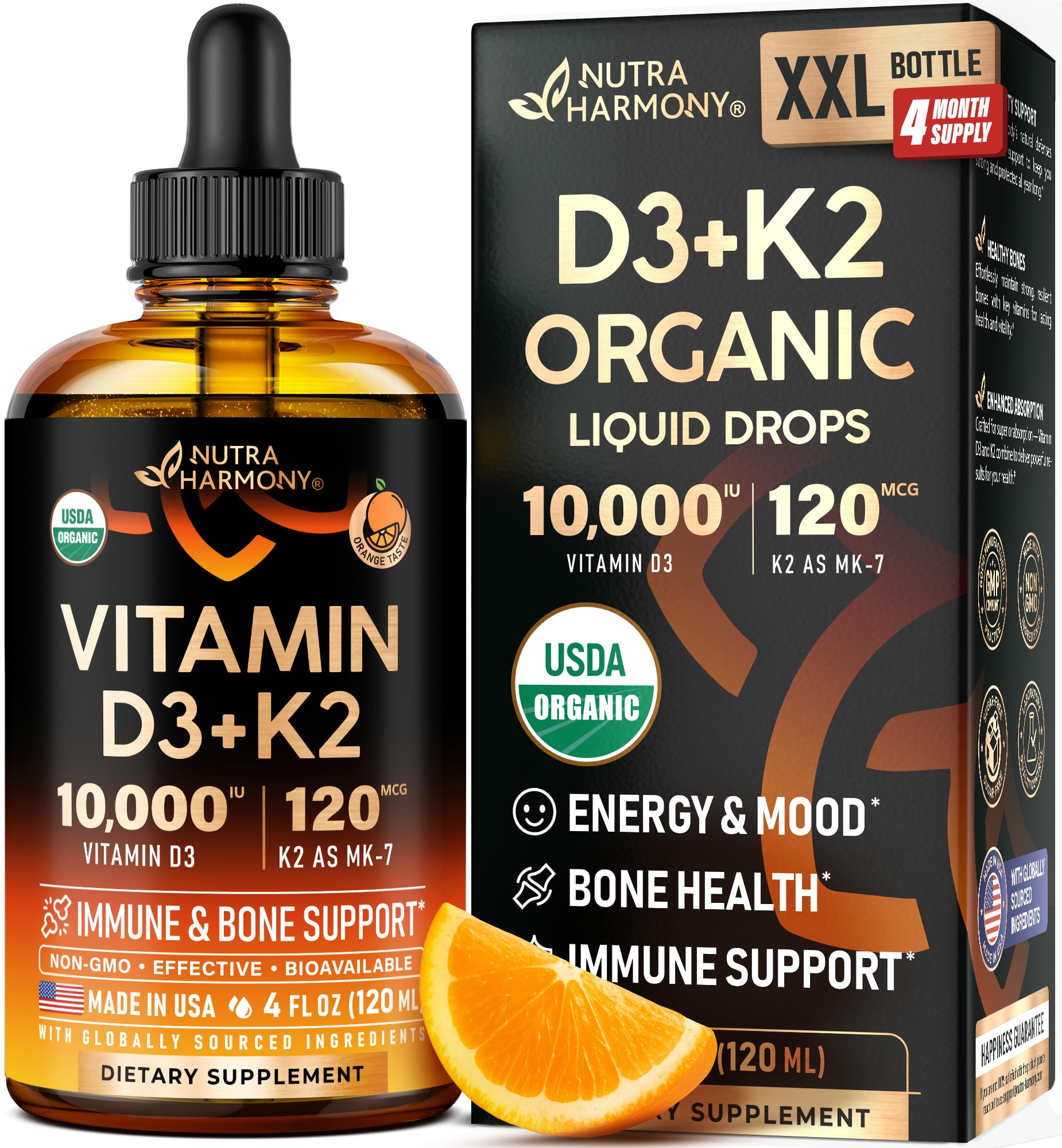 NUTRAHARMONY Vitamin D3 + K2 Drops front view with packaging