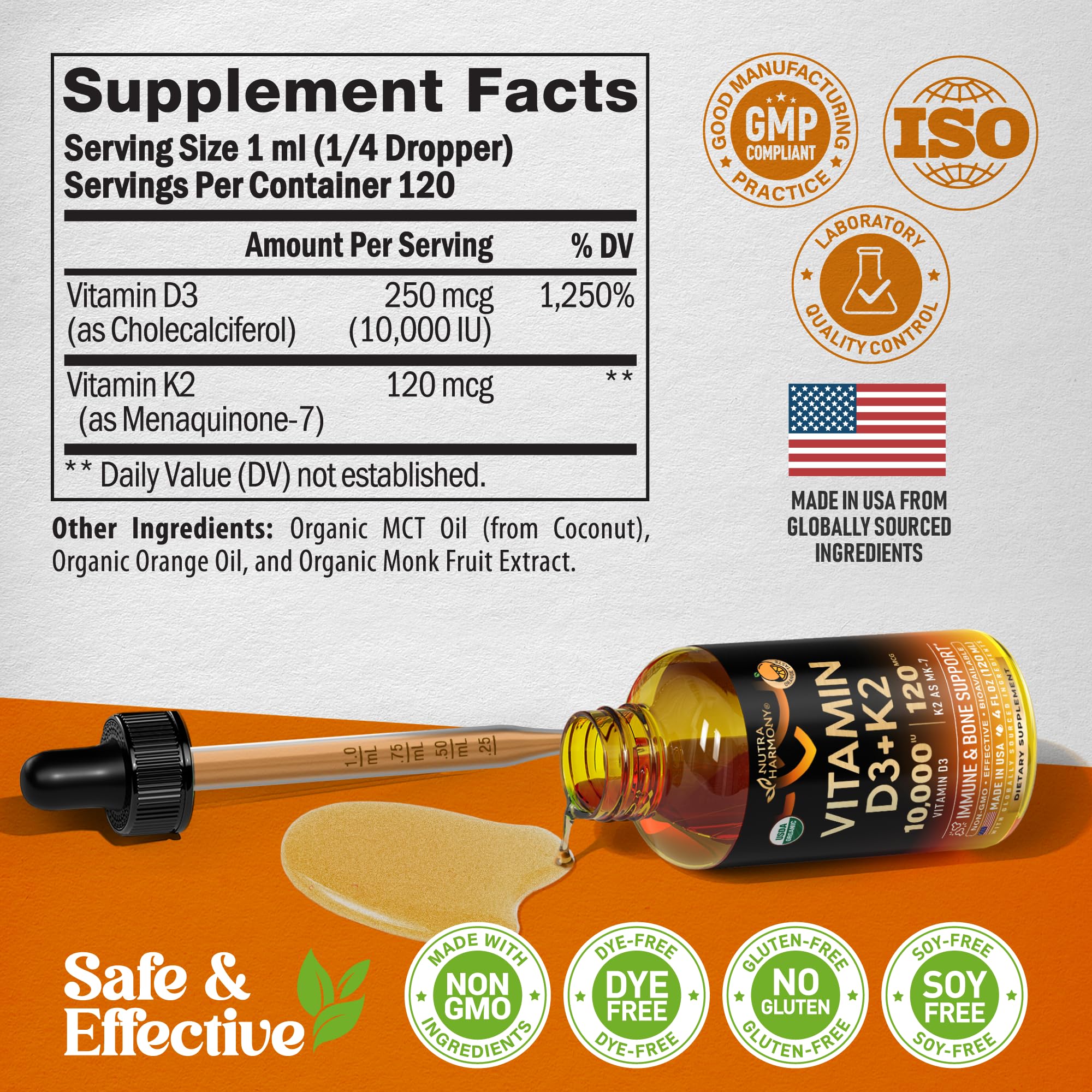 NUTRAHARMONY Vitamin D3 + K2 Drops nutritional information