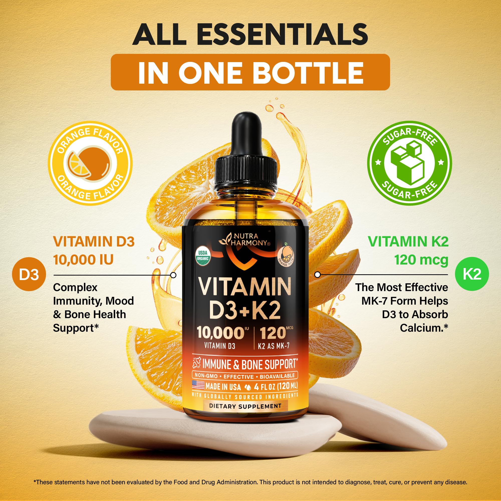 NUTRAHARMONY Vitamin D3 + K2 Drops with organic ingredients