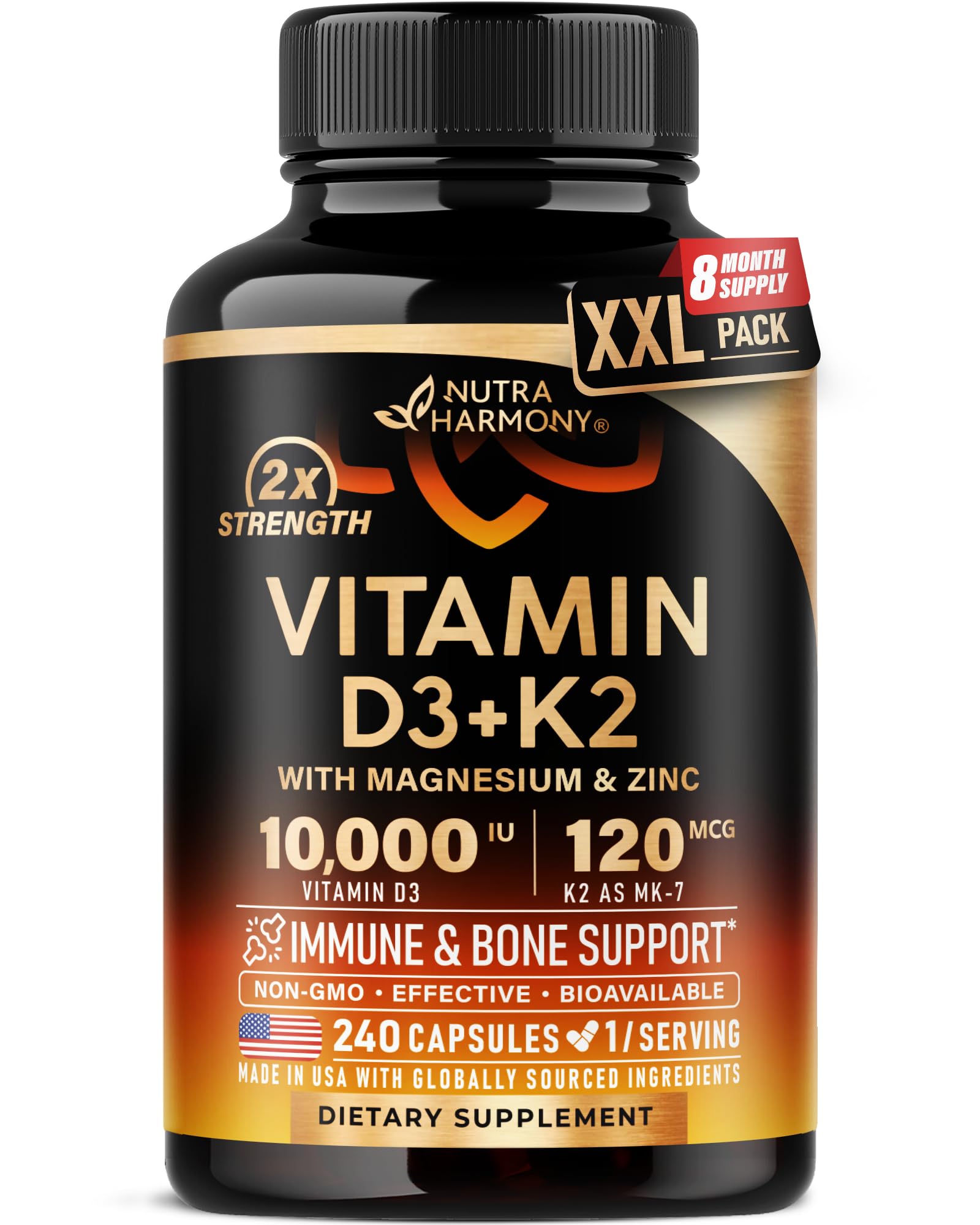 NUTRAHARMONY Vitamin D3 + K2 supplement bottle front view