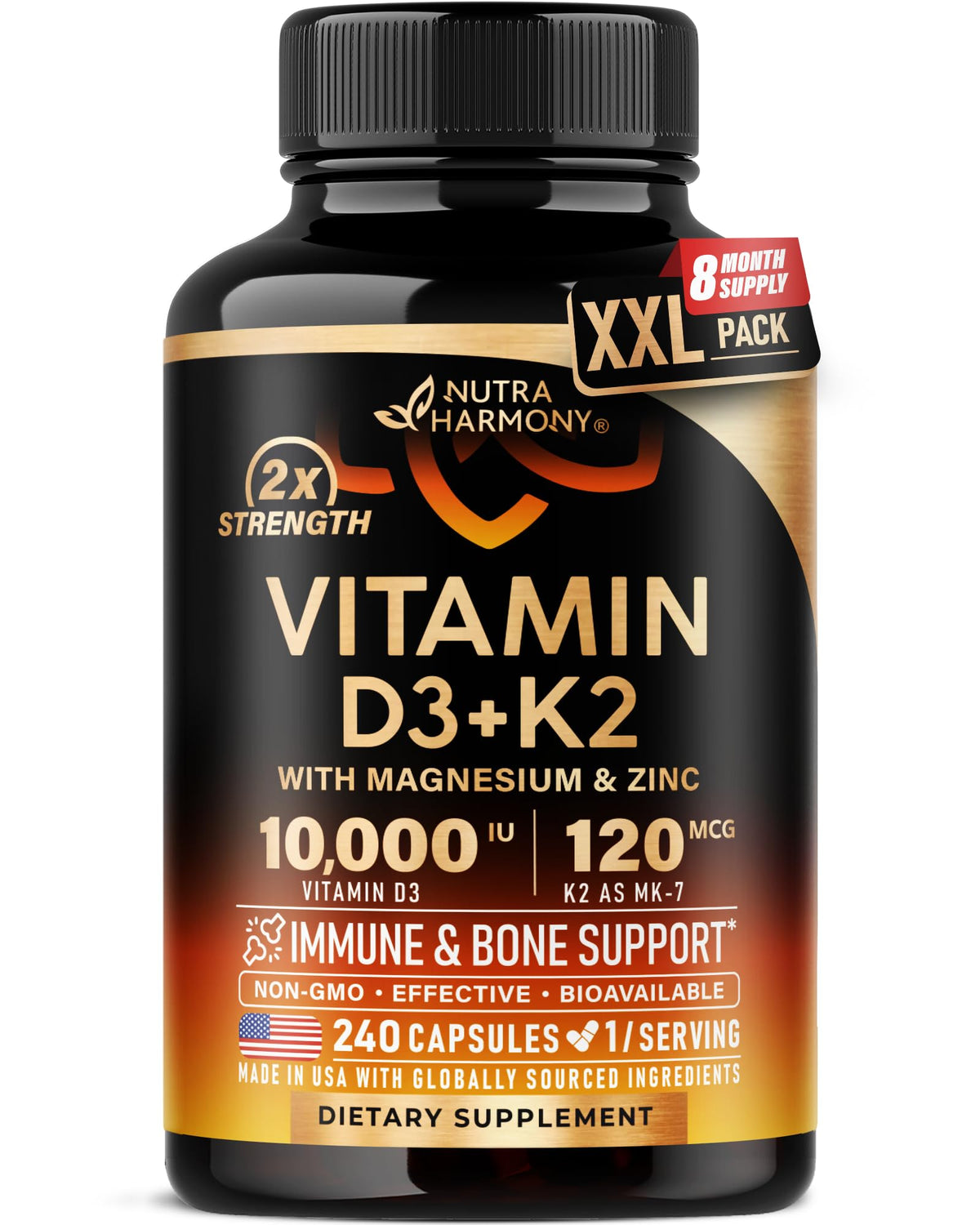 NUTRAHARMONY Vitamin D3 + K2 supplement bottle front view