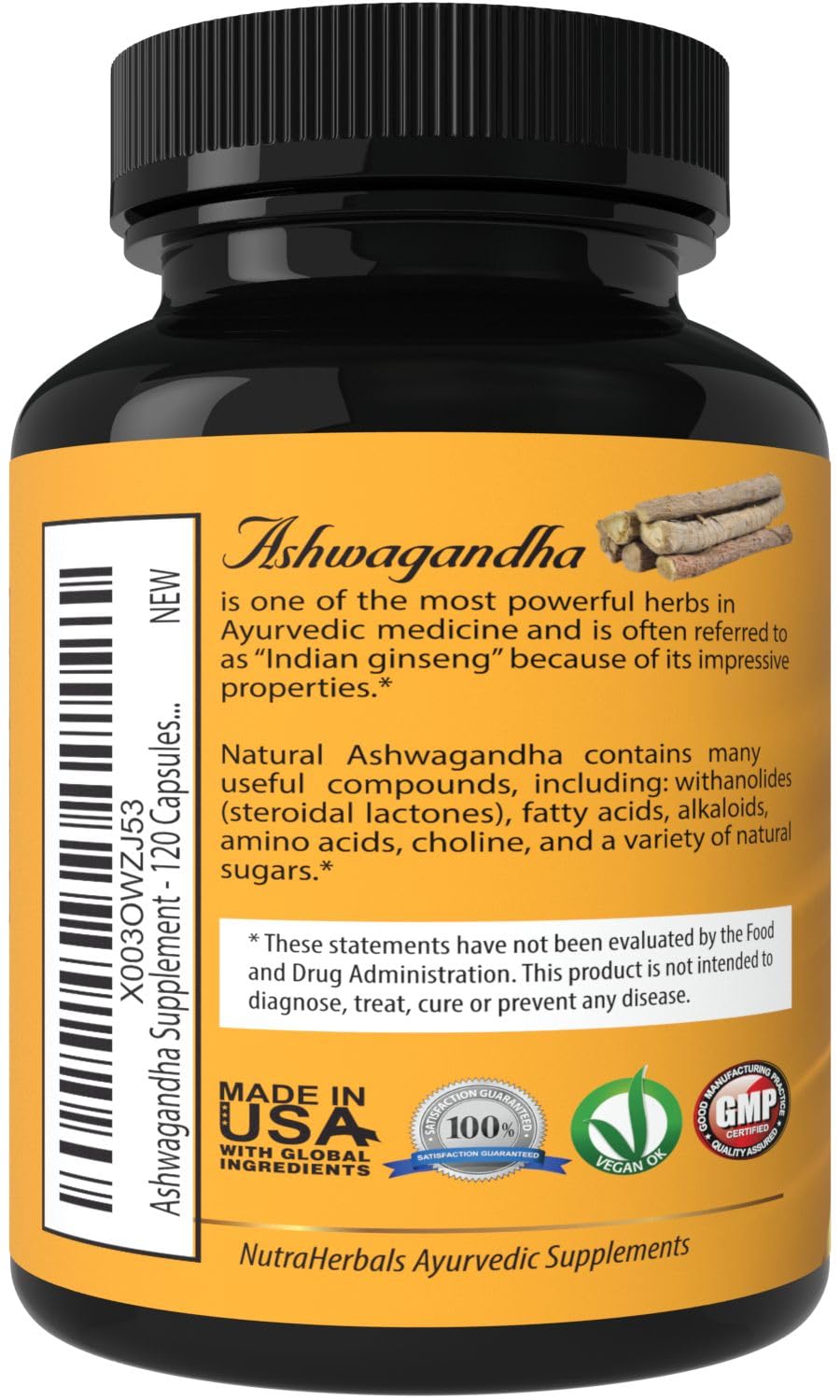 NUTRAHERBALS Ashwagandha 1200mg supplement bottle side view