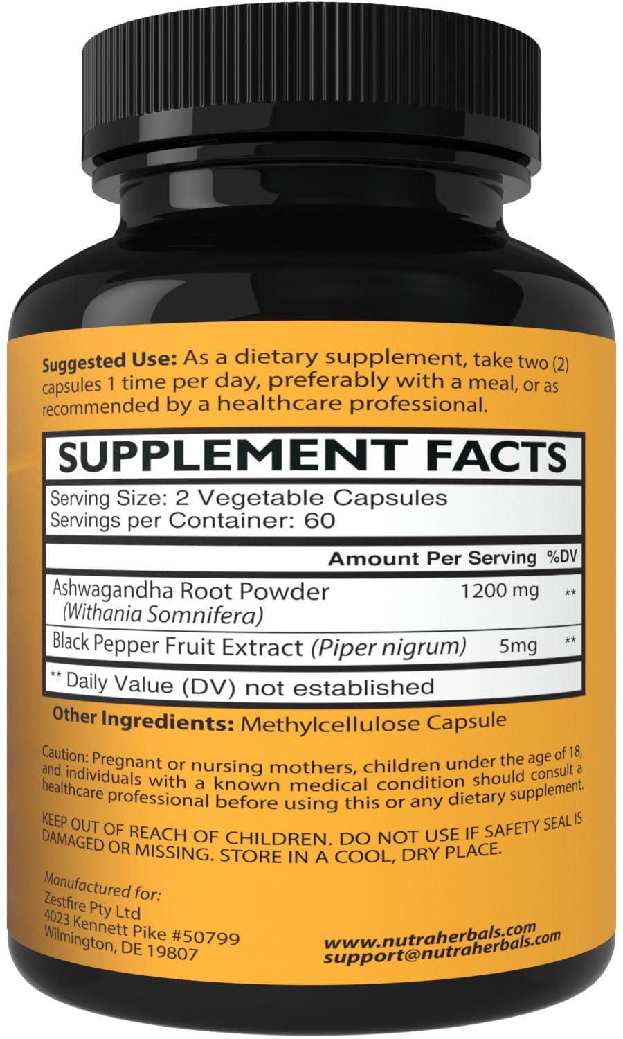 NUTRAHERBALS Ashwagandha 1200mg supplement capsules close-up