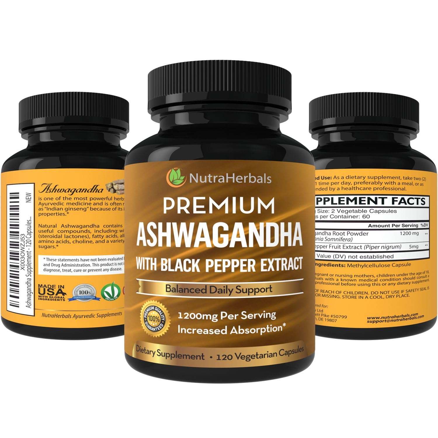 NUTRAHERBALS Ashwagandha 1200mg supplement with black pepper extract