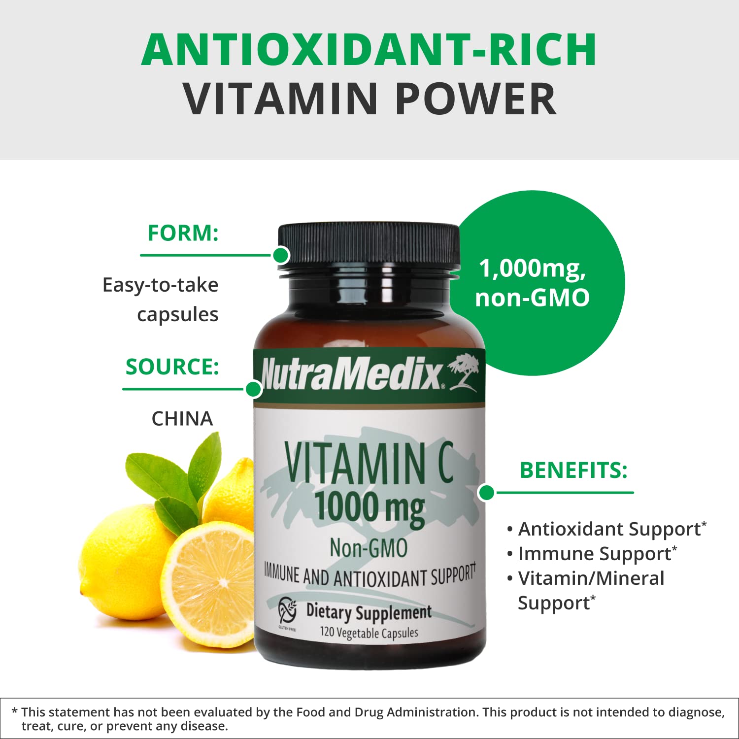 NutraMedix Vitamin C 1000mg capsules with a measuring spoon