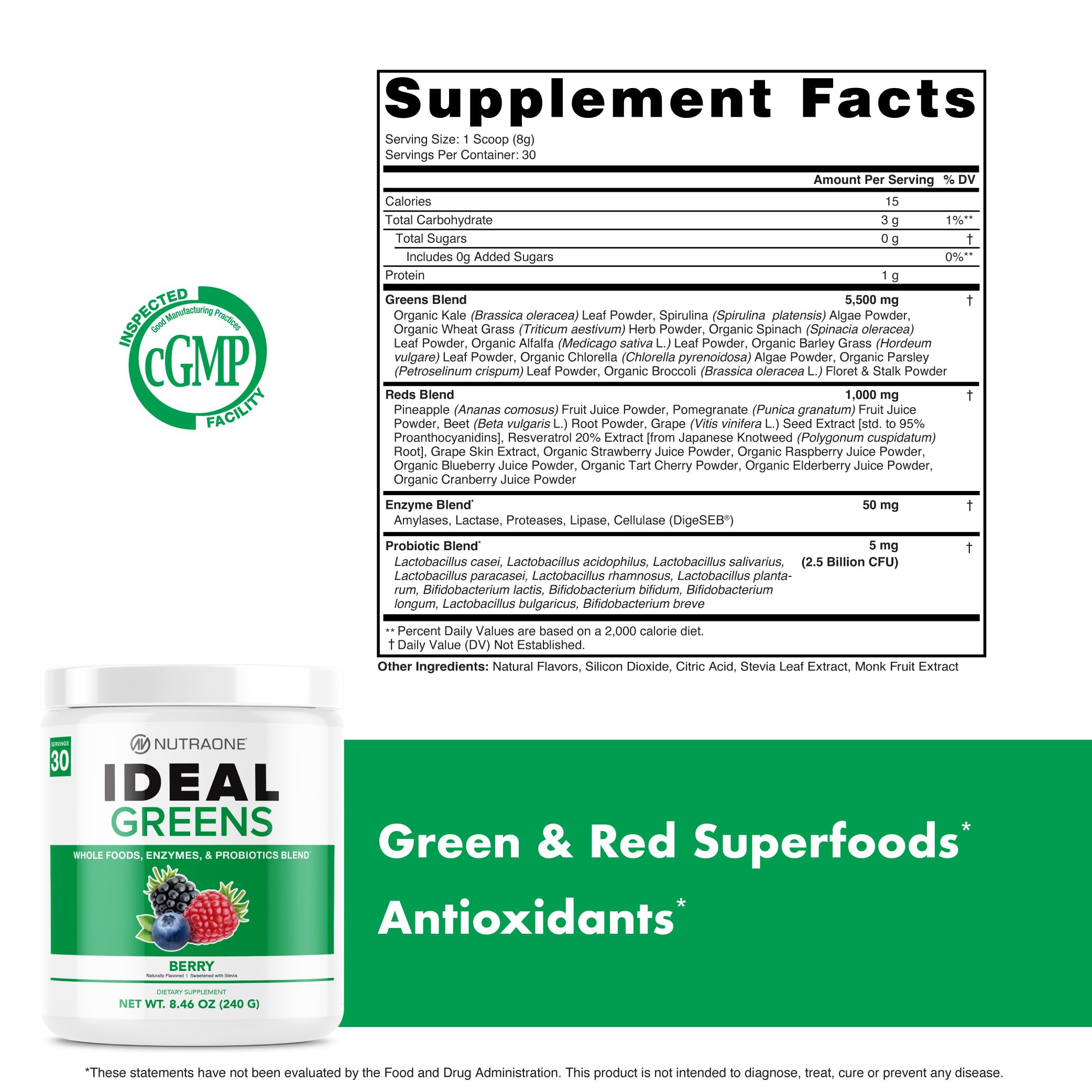 NutraOne Green Powder Supplement 340g fruit and vegetable blend ingredients