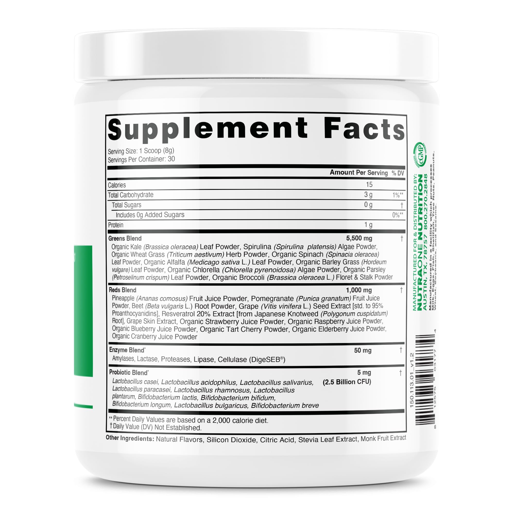 NutraOne Green Powder Supplement 340g scoop with powder
